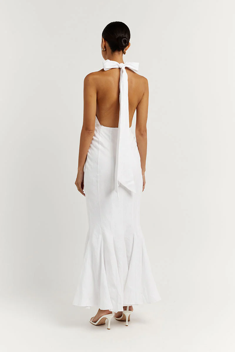 AISLE WHITE LINEN HIGH NECK DRESS - Image 3