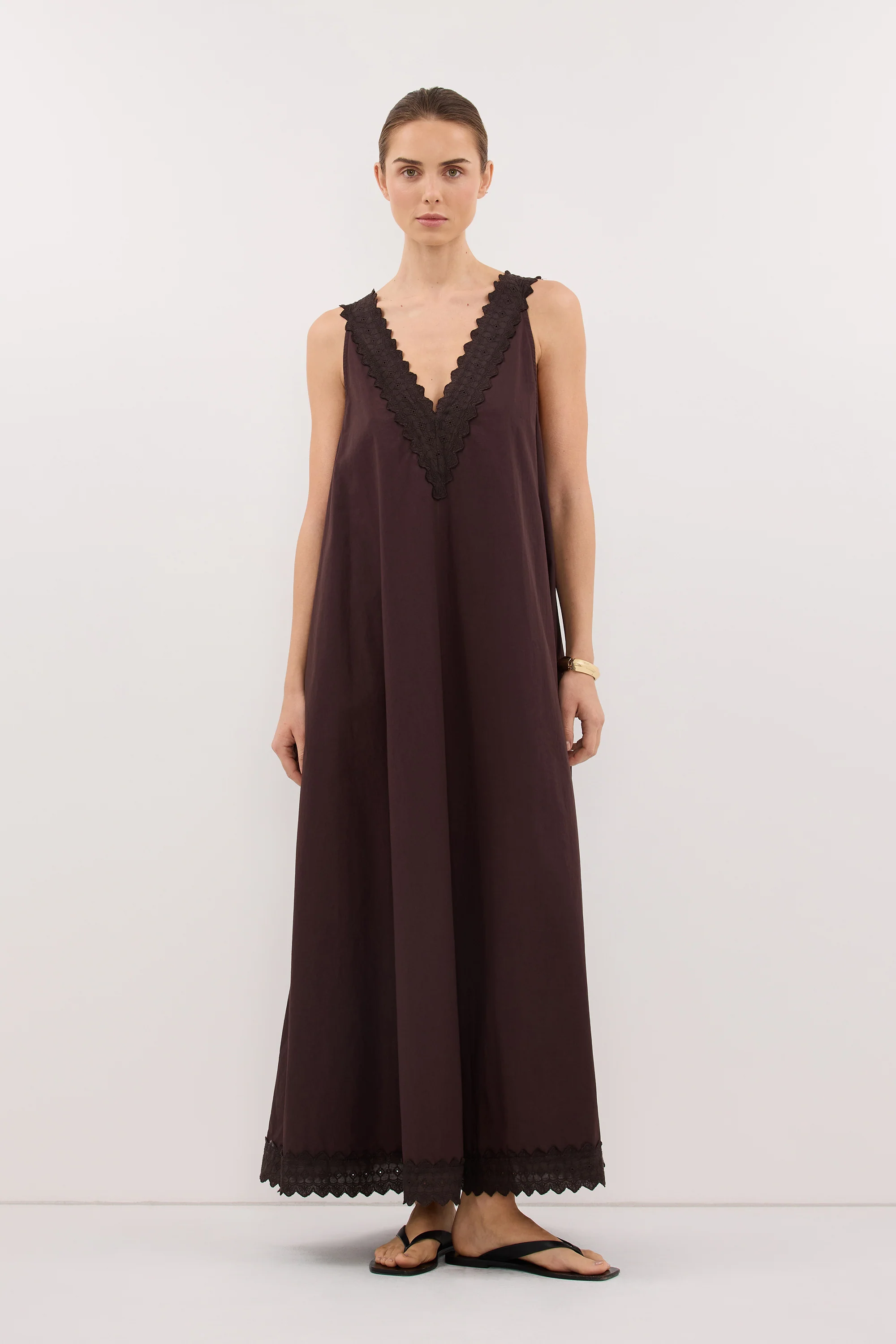 ANNABEL BURNT CHOC SLEEVELESS V NECK MIDI DRESS - PRE ORDER - Image 3
