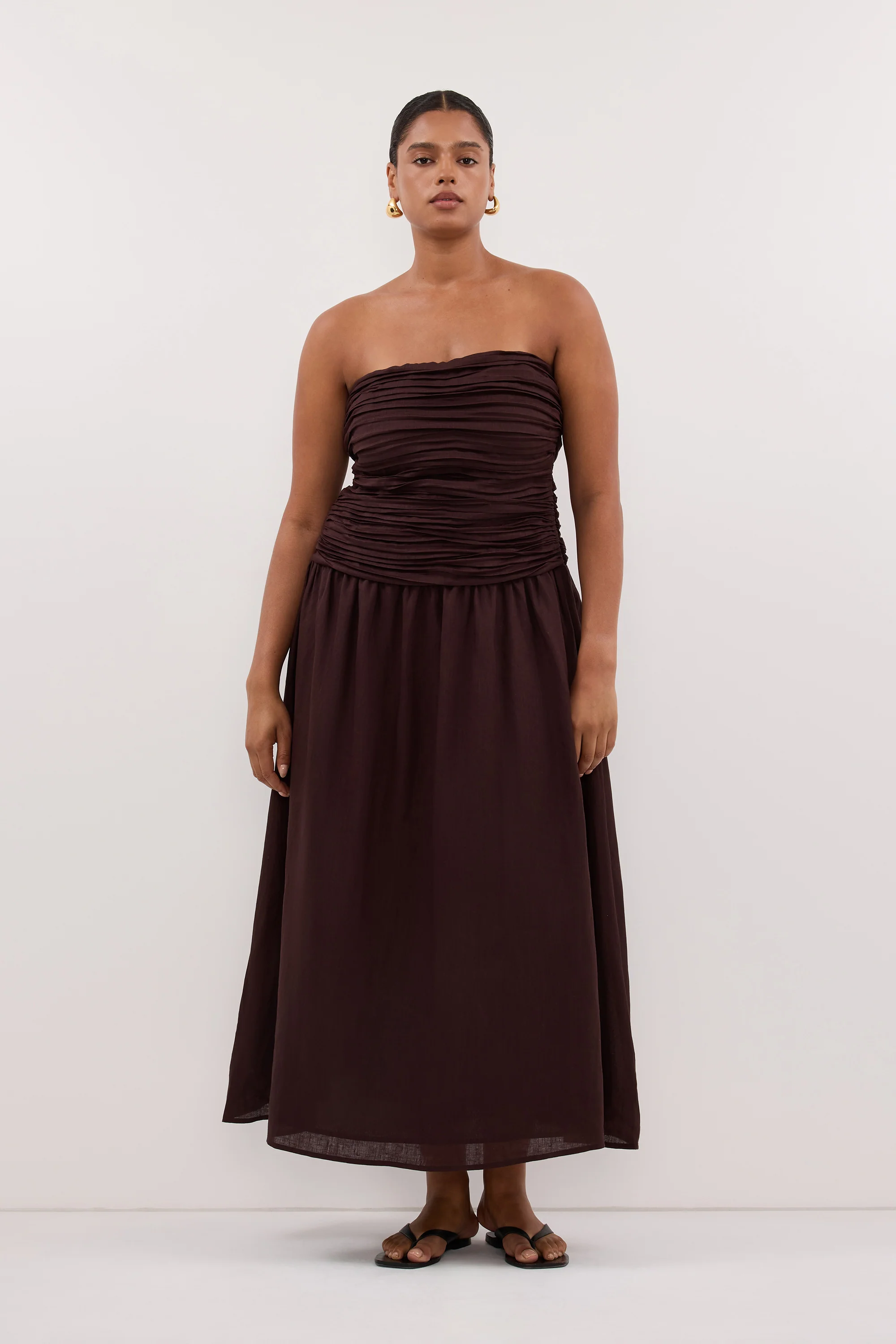 AUBRIELLA BURNT CHOC LINEN MIDI DRESS - Image 6