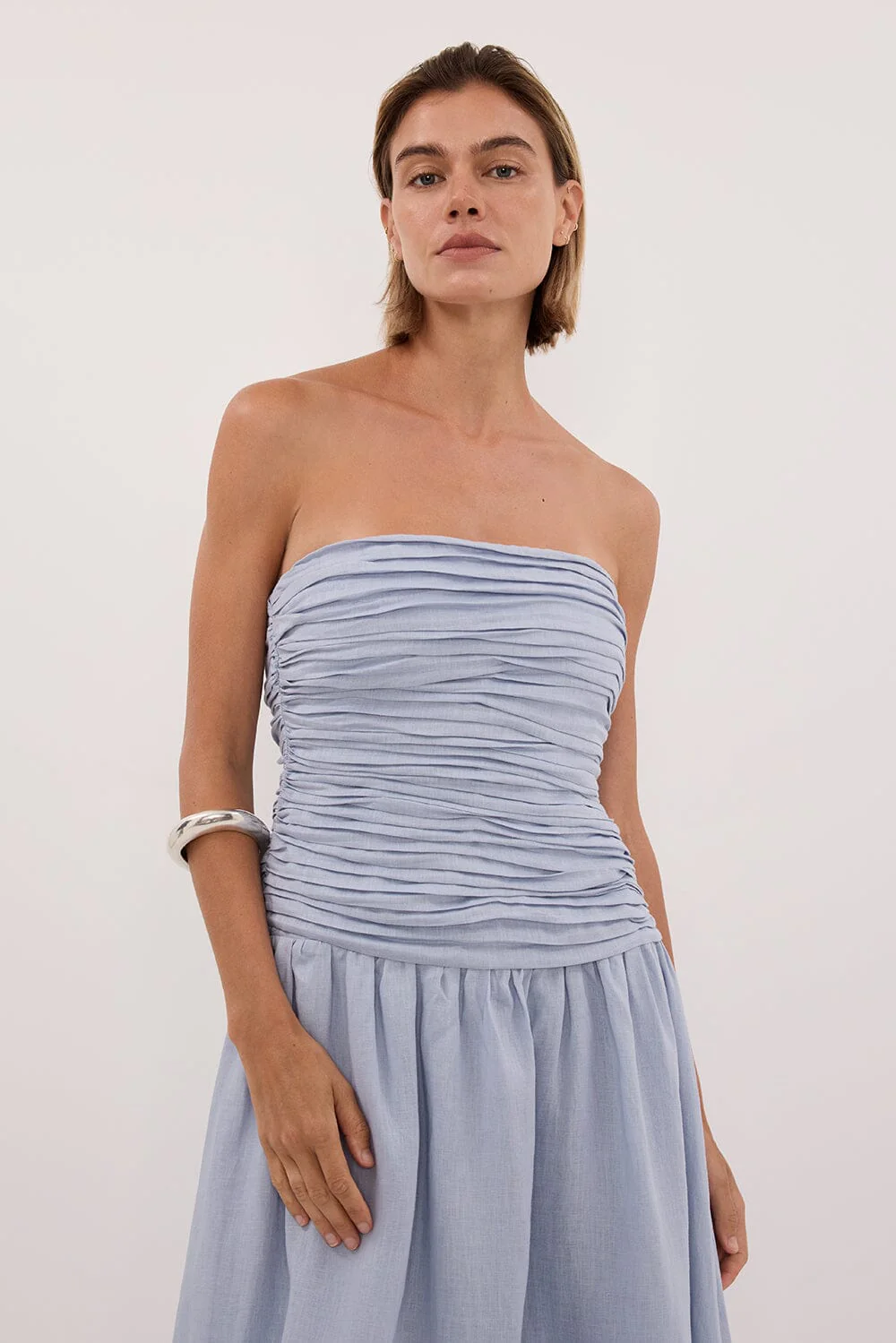 AUBRIELLA DUSTY BLUE LINEN MIDI DRESS - Image 3