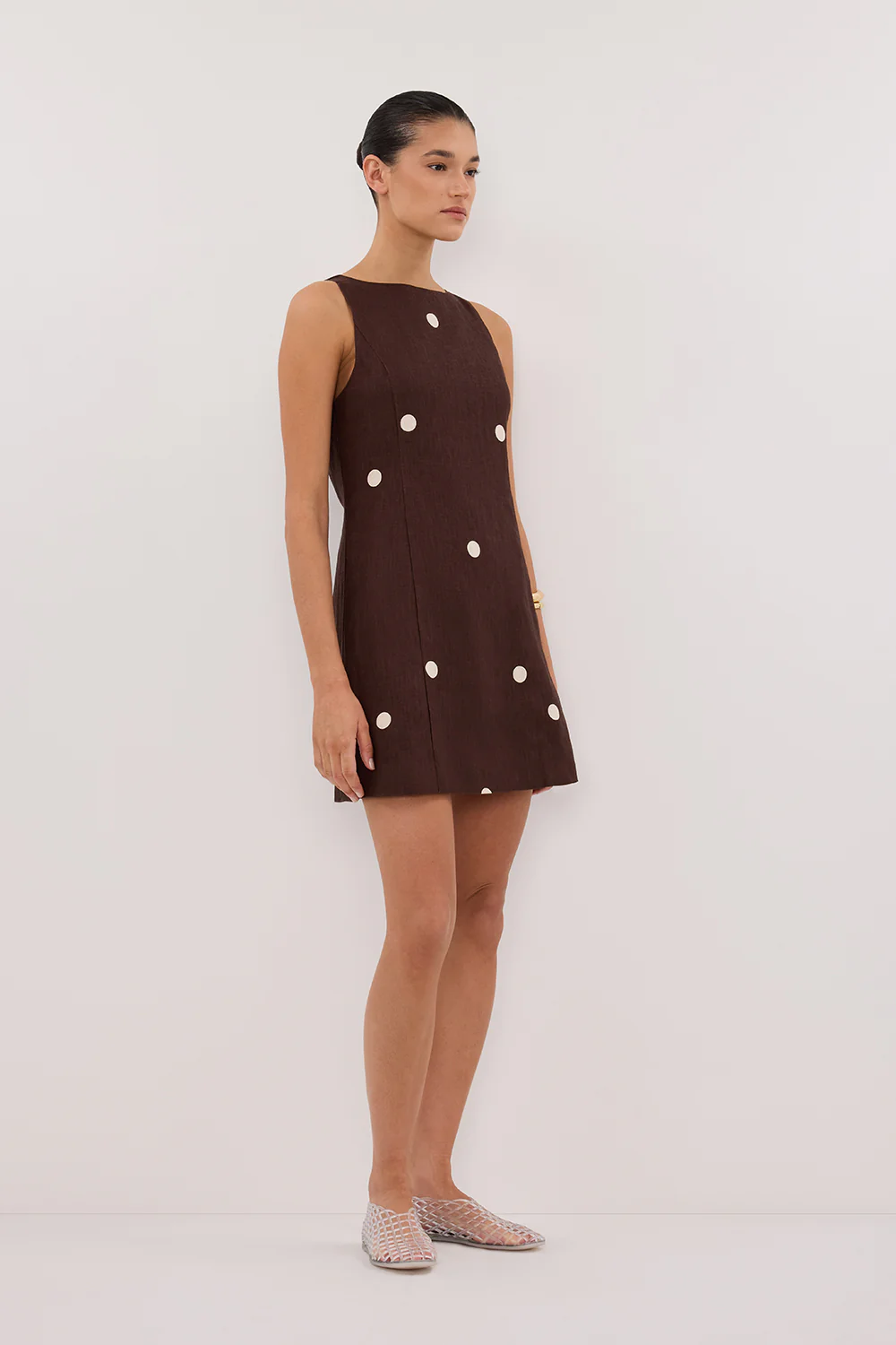 BEVERLY BITTER CHOC SPOT LINEN MINI DRESS - Image 3