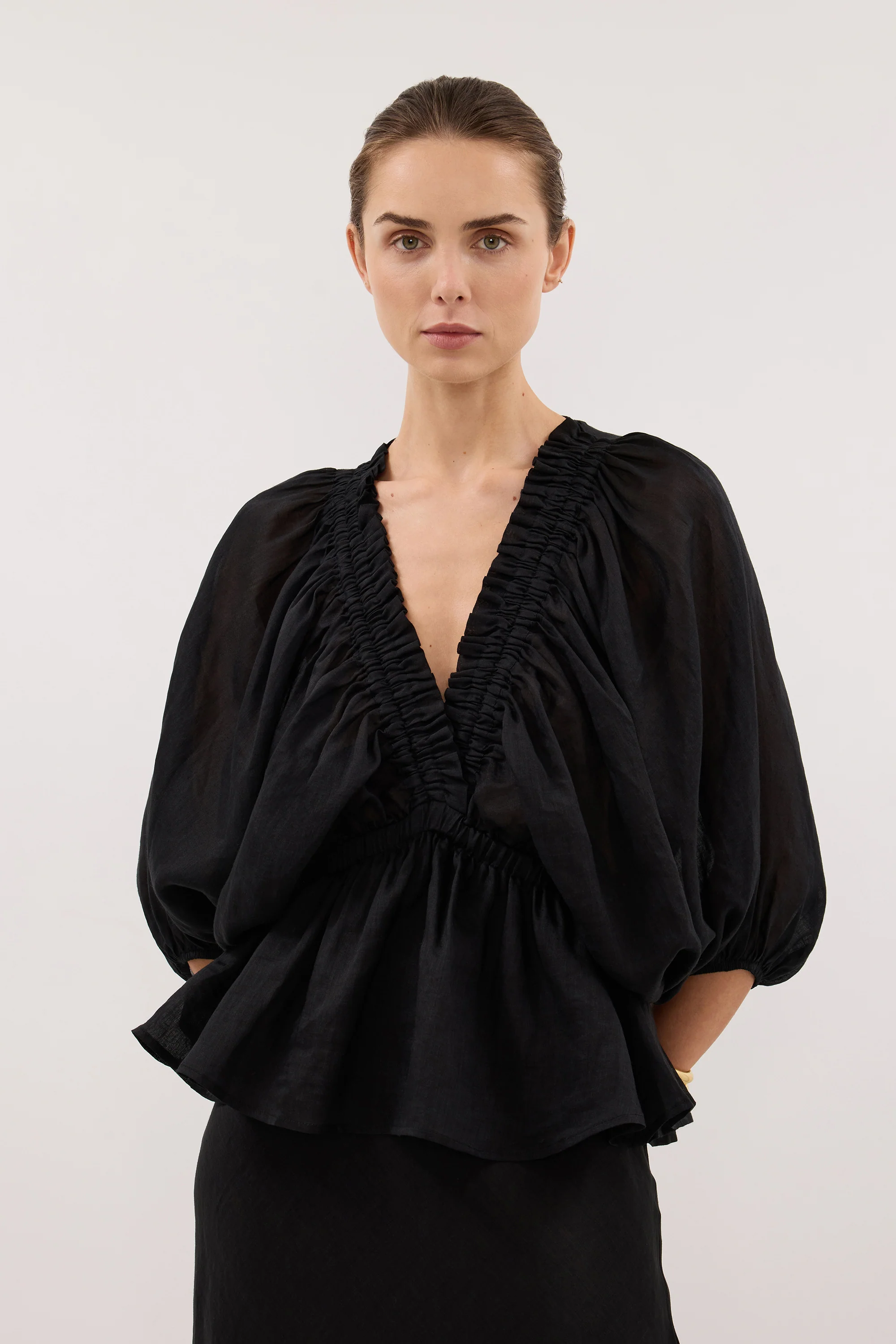 BRIELLE BLACK RAMIE LONG SLEEVE TOP - Image 2