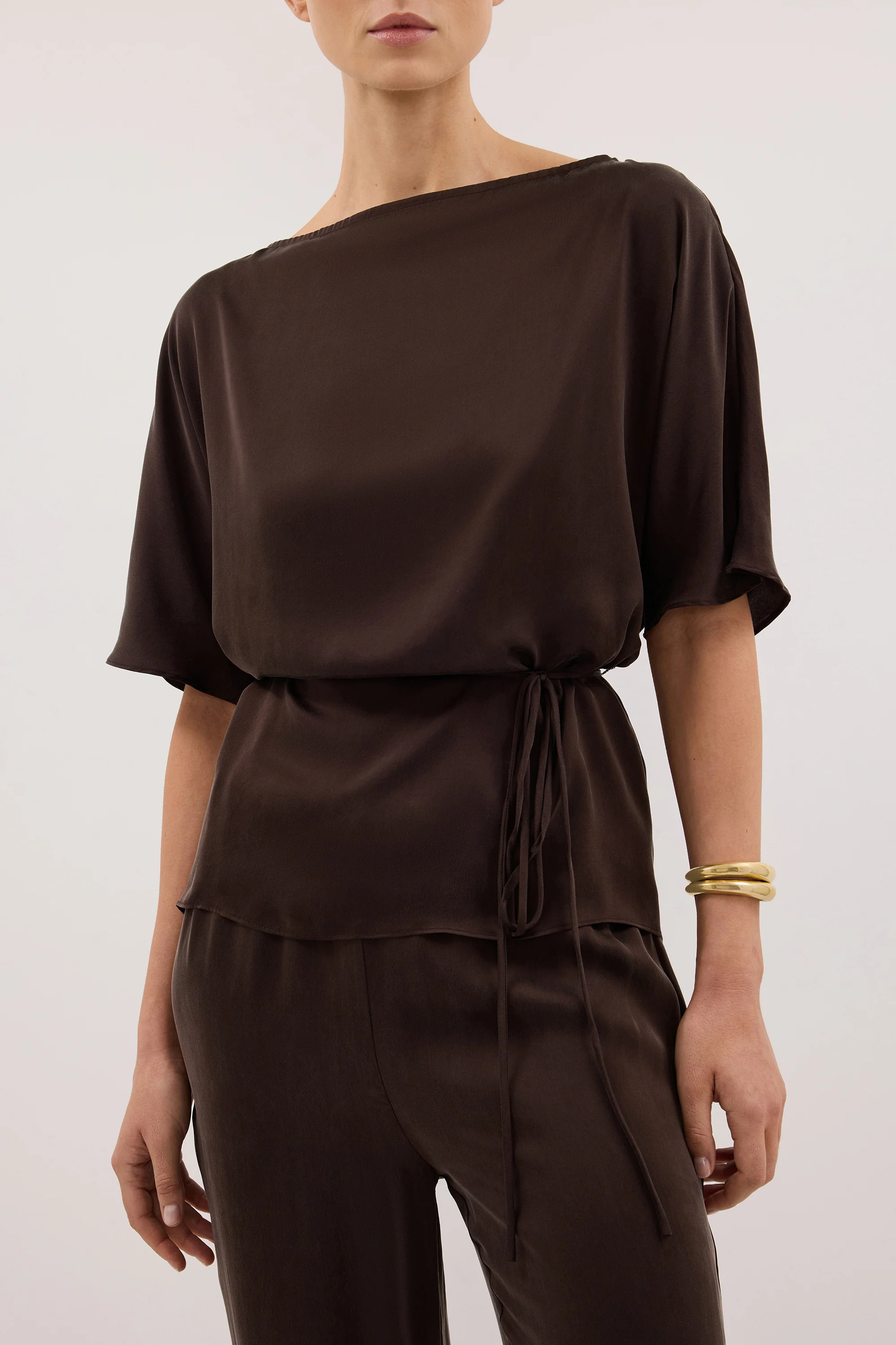 CORY BITTER CHOC SILK ASYM BATWING TOP - Image 5