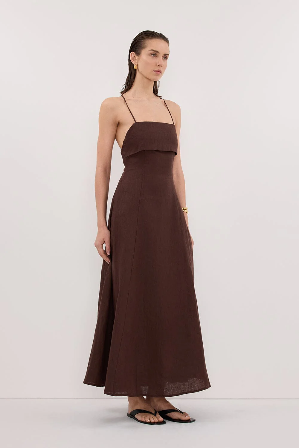 DANIELLA COCOA LINEN TIE BACK MIDI DRESS - Image 3