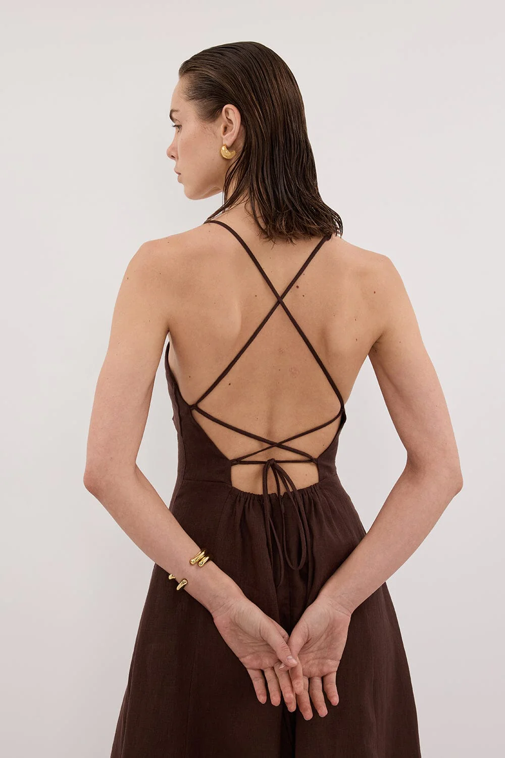 DANIELLA COCOA LINEN TIE BACK MIDI DRESS - Image 6