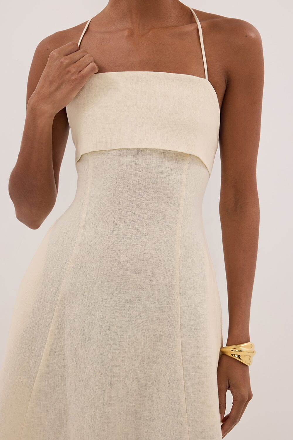 DANIELLA STRAW LINEN TIE BACK MIDI DRESS - Image 4