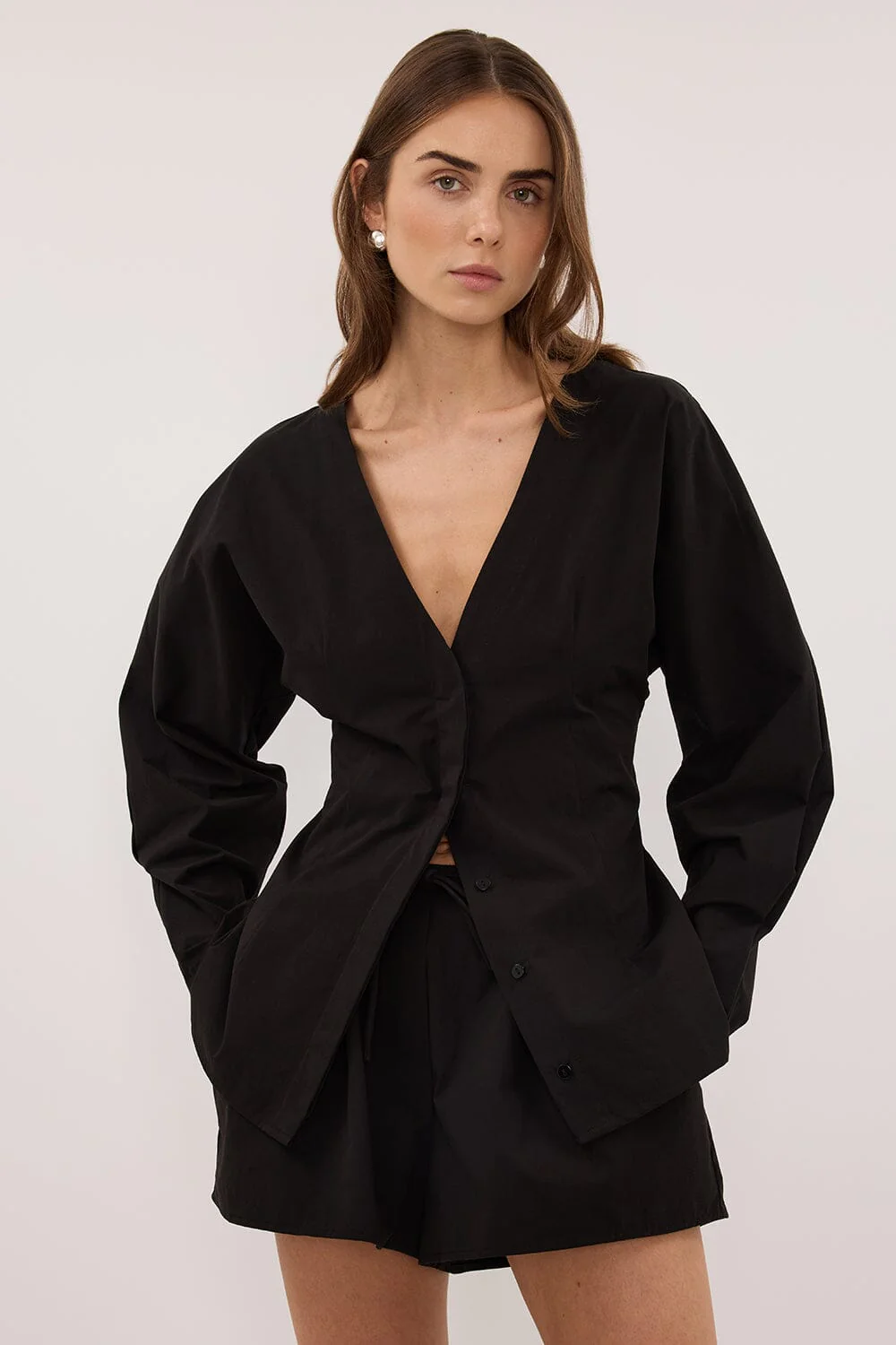 EDENA BLACK COTTON FITTED SHIRT - Image 2