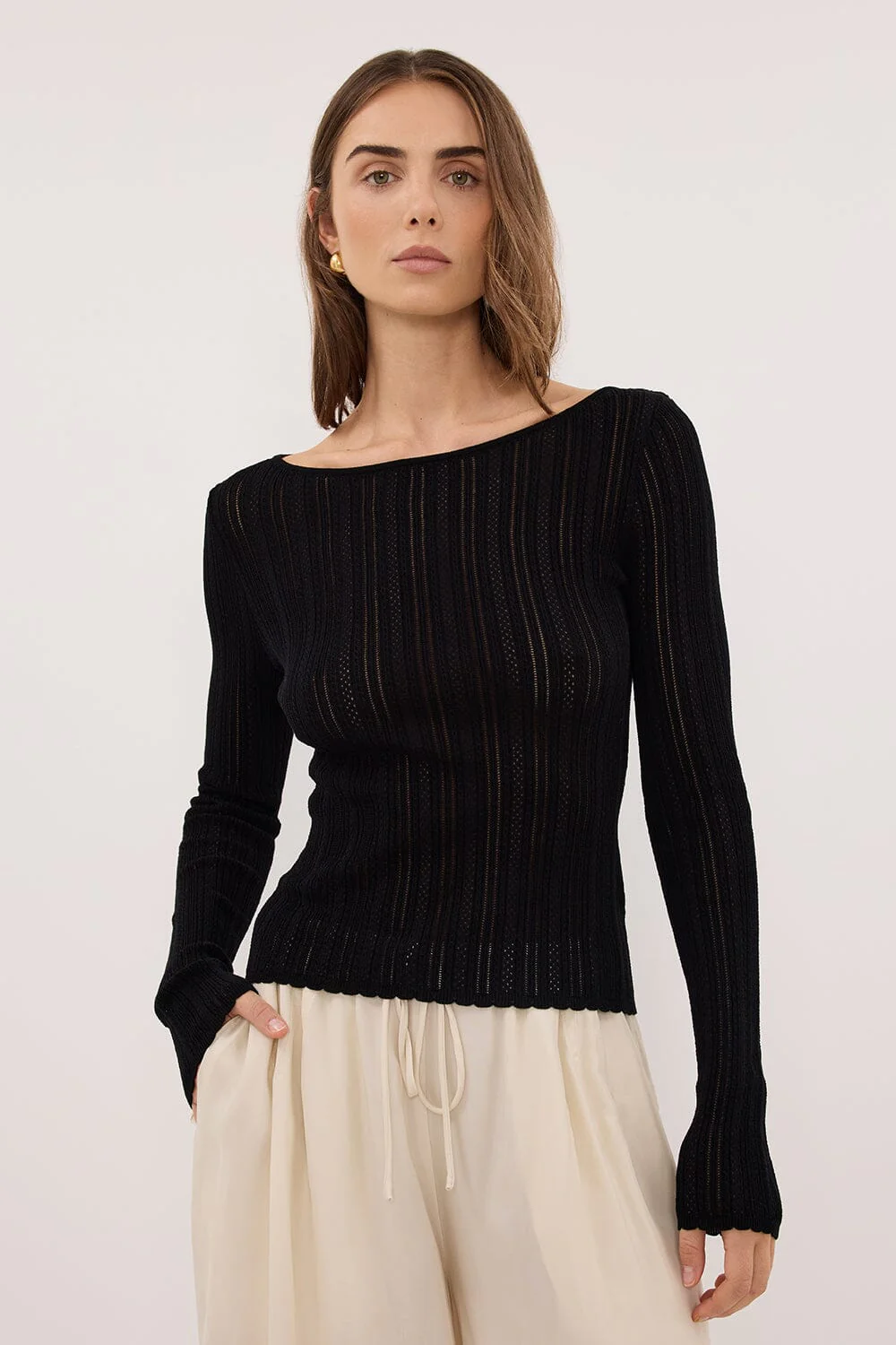 ELENA BLACK POINTELLE LONG SLEEVE KNIT TOP - Image 2