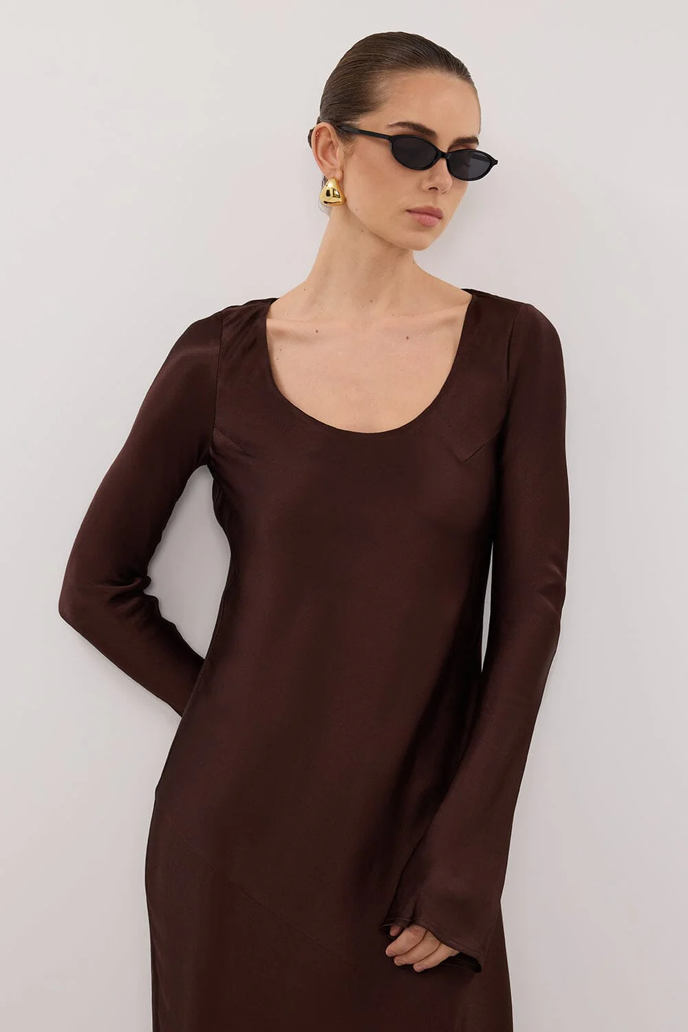 ELOISE BITTER CHOC LONG SLEEVE SATIN MIDI DRESS - Image 2