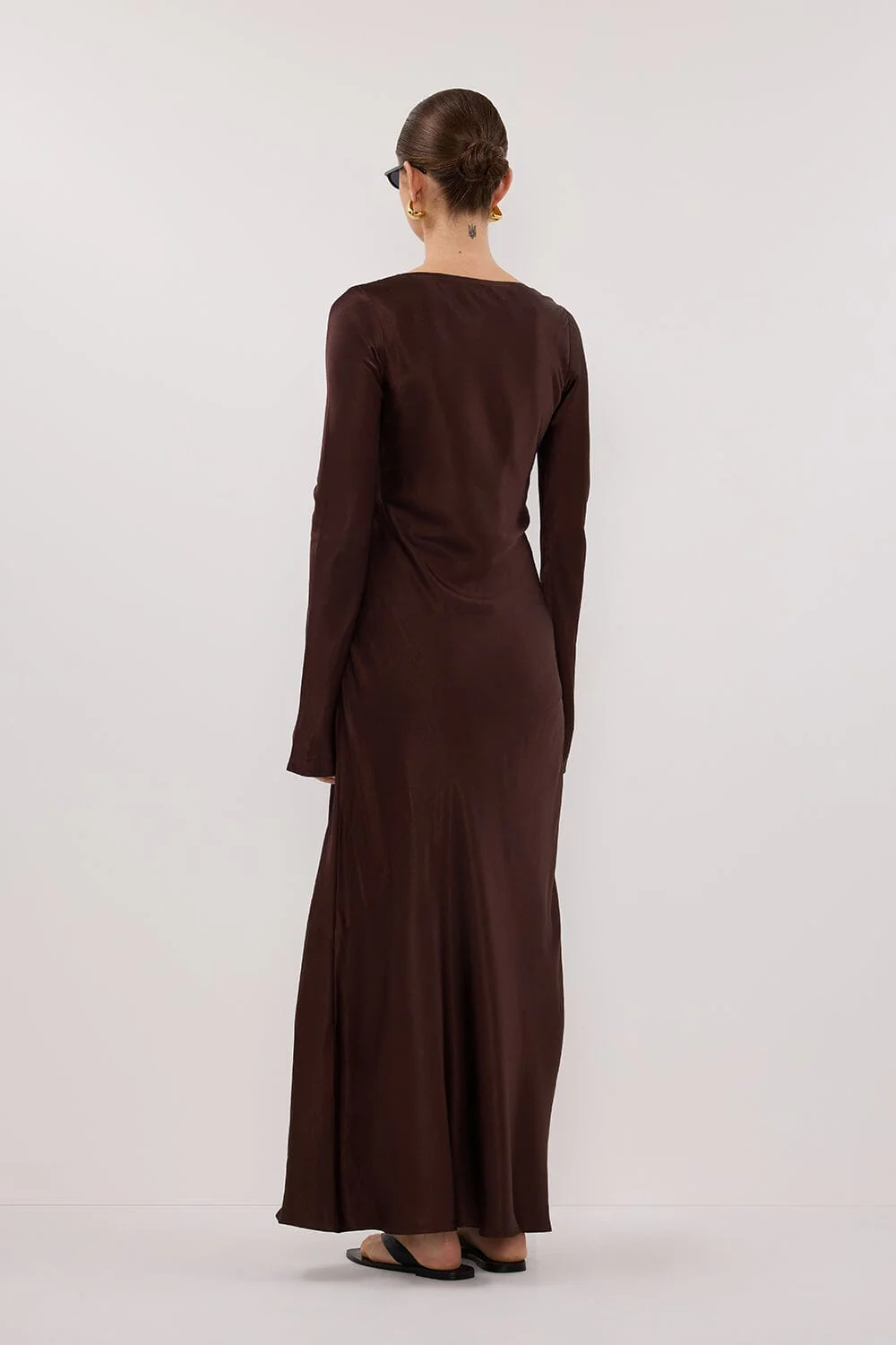 ELOISE BITTER CHOC LONG SLEEVE SATIN MIDI DRESS - Image 4