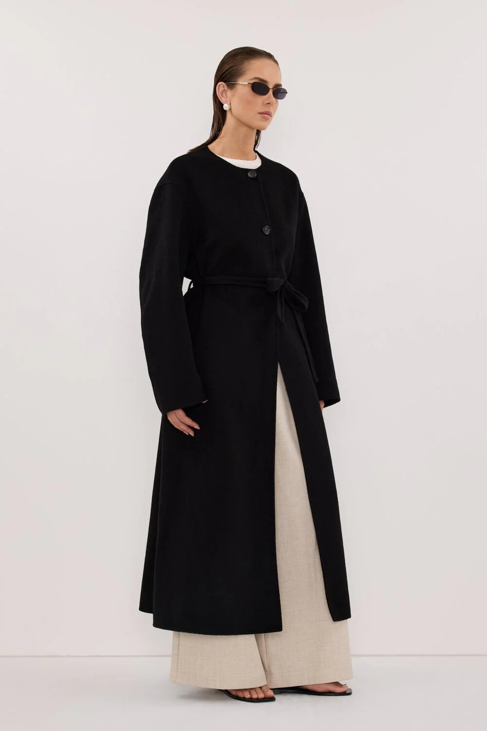 GRETA BLACK COLLARLESS WOOL BLEND COAT - Image 3