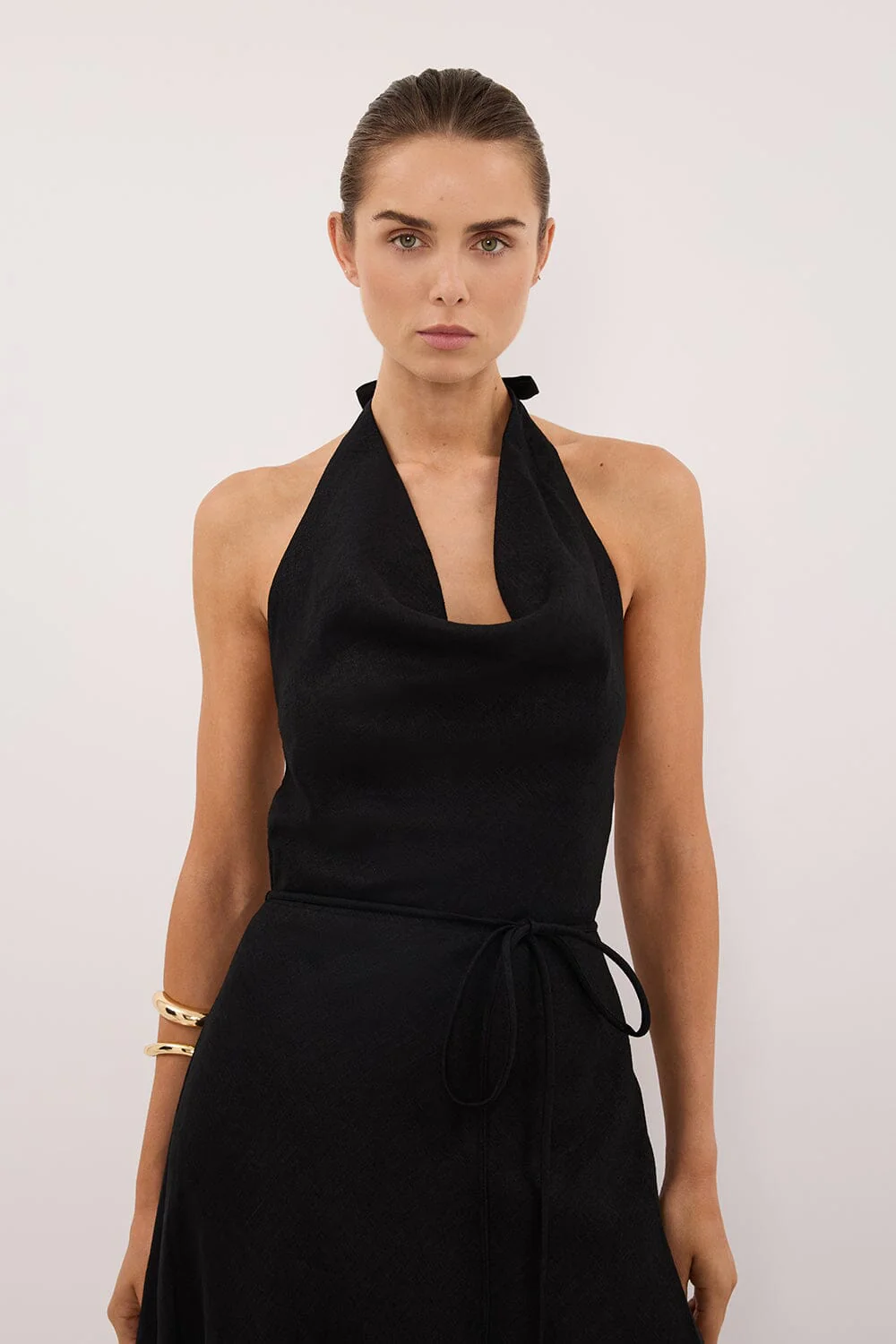 HAYLEE BLACK SLEEVELESS LINEN COWL MIDI DRESS - Image 2