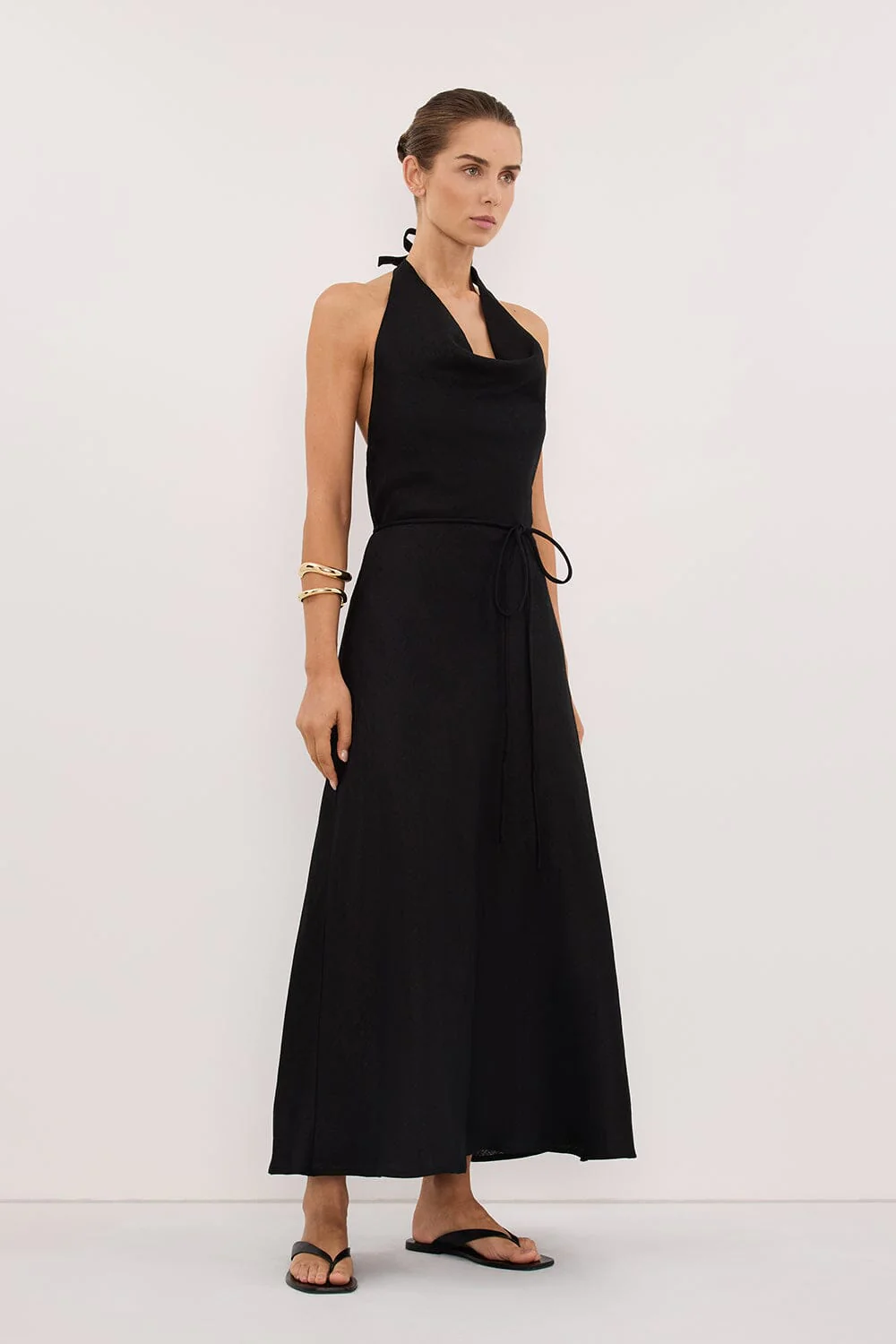HAYLEE BLACK SLEEVELESS LINEN COWL MIDI DRESS - Image 3