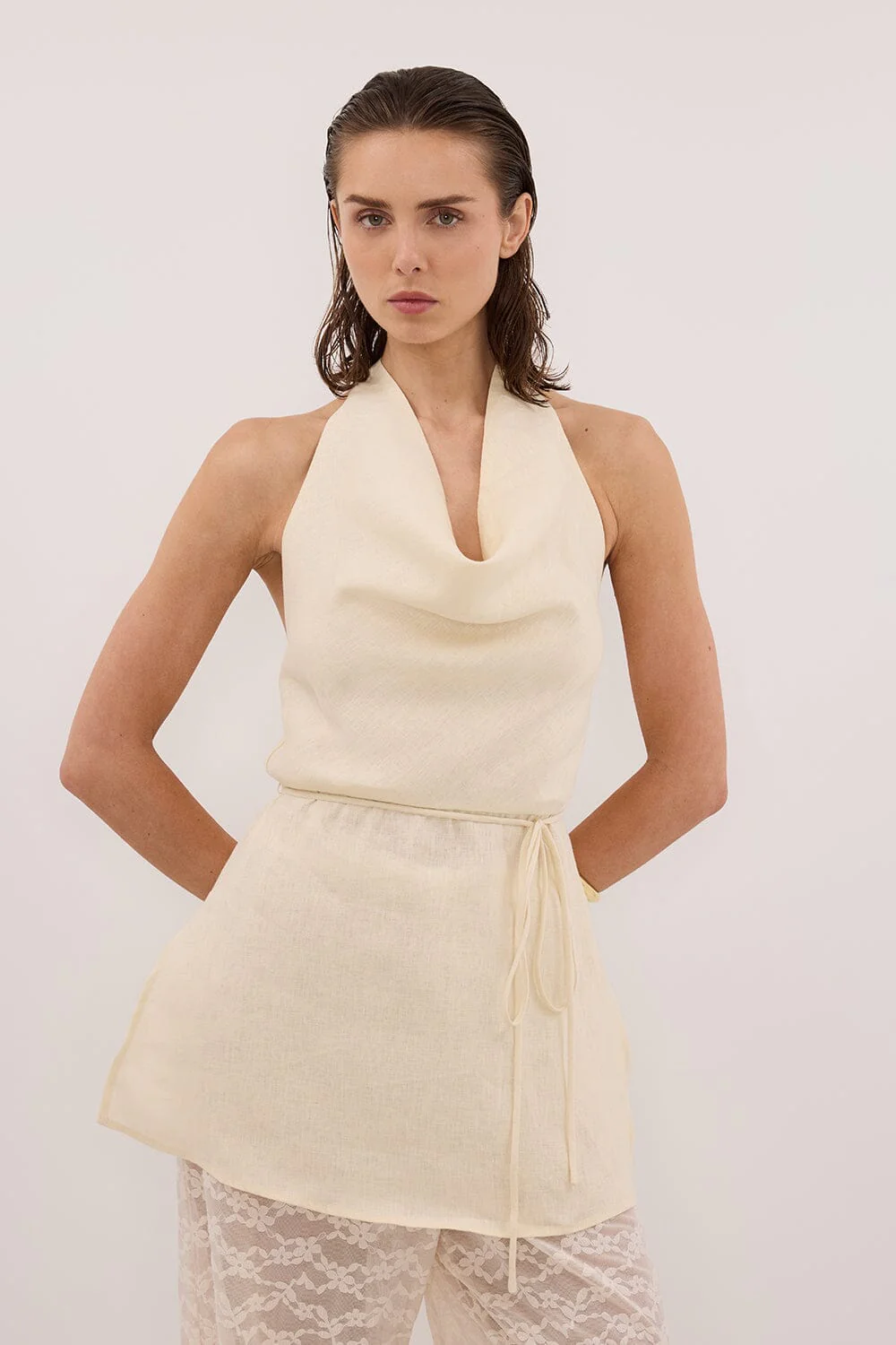 HAYLEE STRAW SLEEVELESS LINEN COWL TOP - Image 2