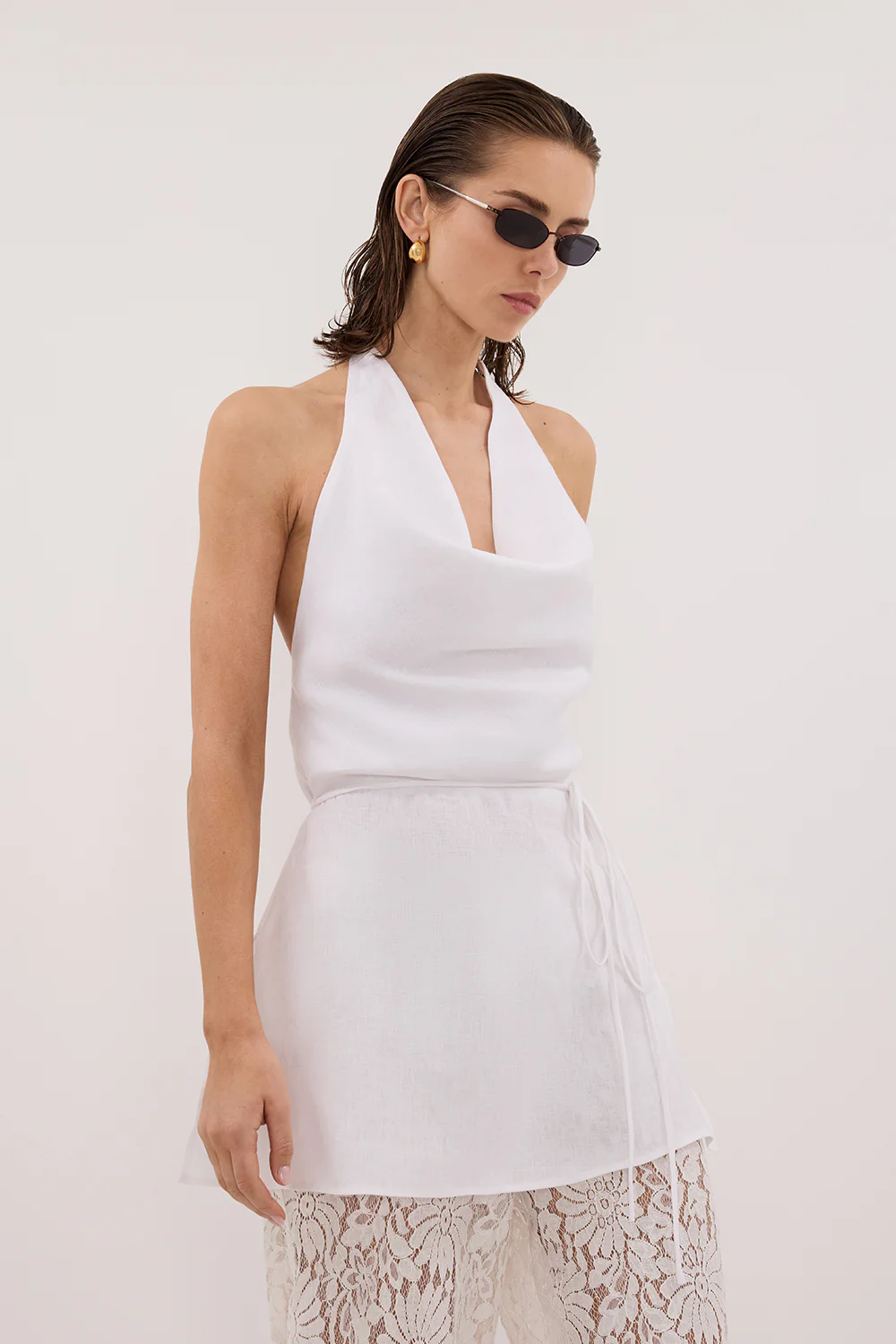 HAYLEE WHITE SLEEVELESS LINEN COWL TOP - Image 5