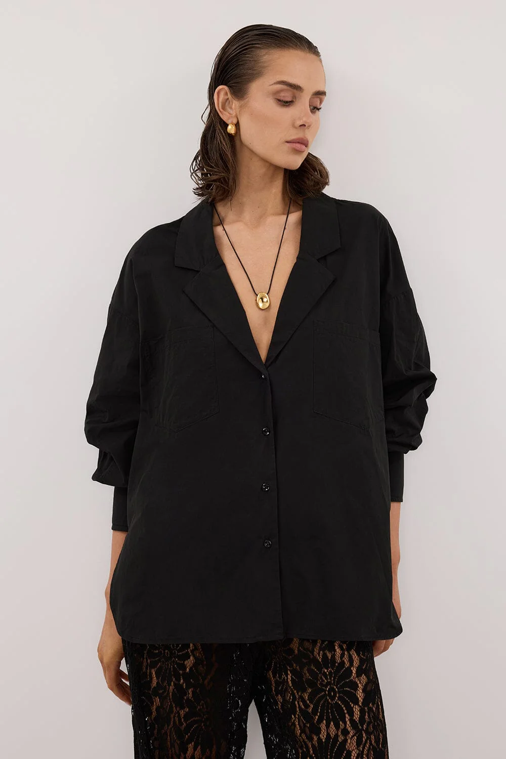 IRENE BLACK LONG SLEEVE NOTCH COLLAR SHIRT - Image 2