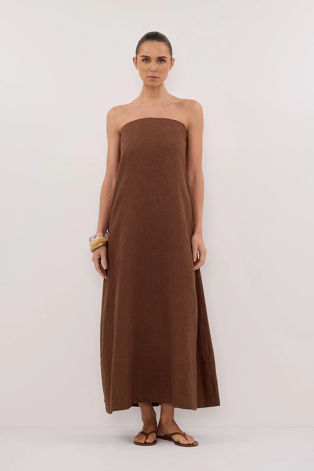 KINSLEY FONDANT LINEN STRAPLESS MIDI DRESS