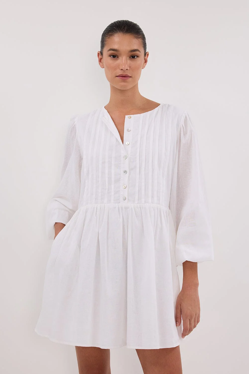 LARS WHITE BUTTON LONG SLEEVE LINEN MINI DRESS - Image 2