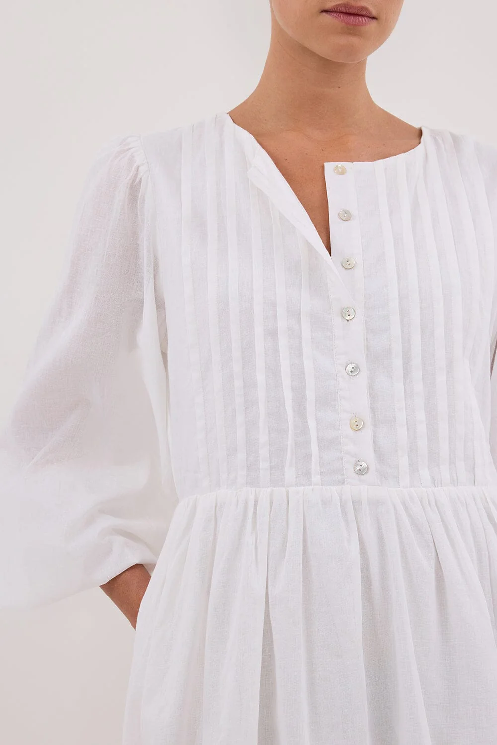 LARS WHITE BUTTON LONG SLEEVE LINEN MINI DRESS - Image 5