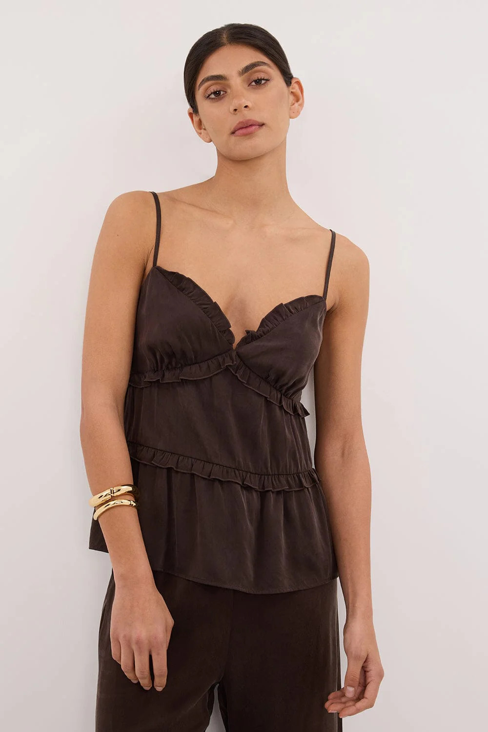 LENA BITTER CHOC SILK SLEEVELESS FRILL TOP - Image 2