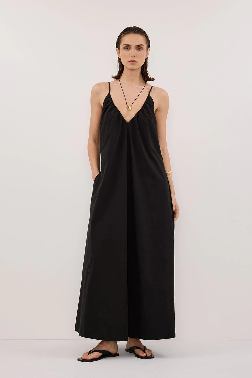 LIANA BLACK SLEEVELESS POPLIN TENT MIDI DRESS - Image 2