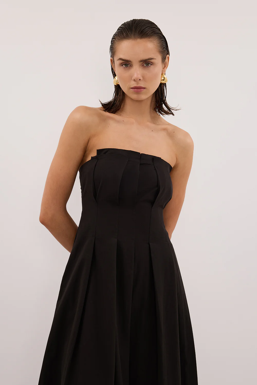 LILLY BLACK COTTON STRAPLESS MIDI DRESS - Image 2