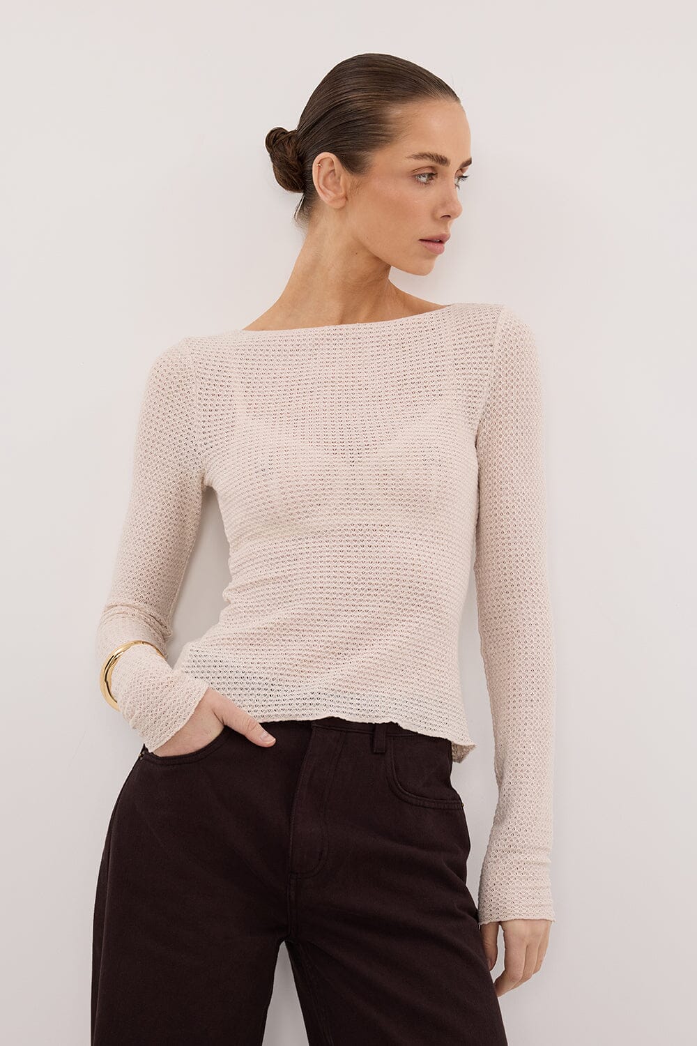 LILY STONE LONG SLEEVE BOAT NECK TEXTURED TOP - Image 2