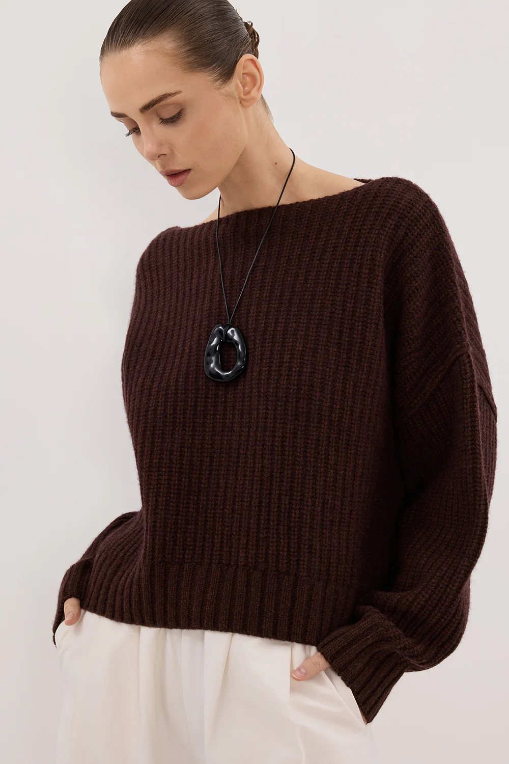 LIN CHOCOLATE BOAT NECK KNIT JUMPER - Image 2
