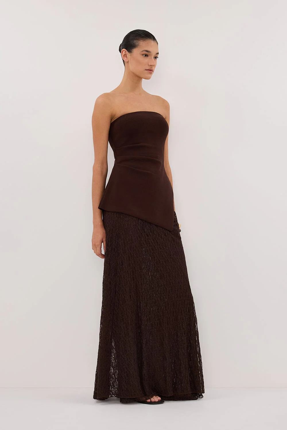 LIZZIE DARK CHOC LAYERED LACE MIDI SKIRT - Image 3