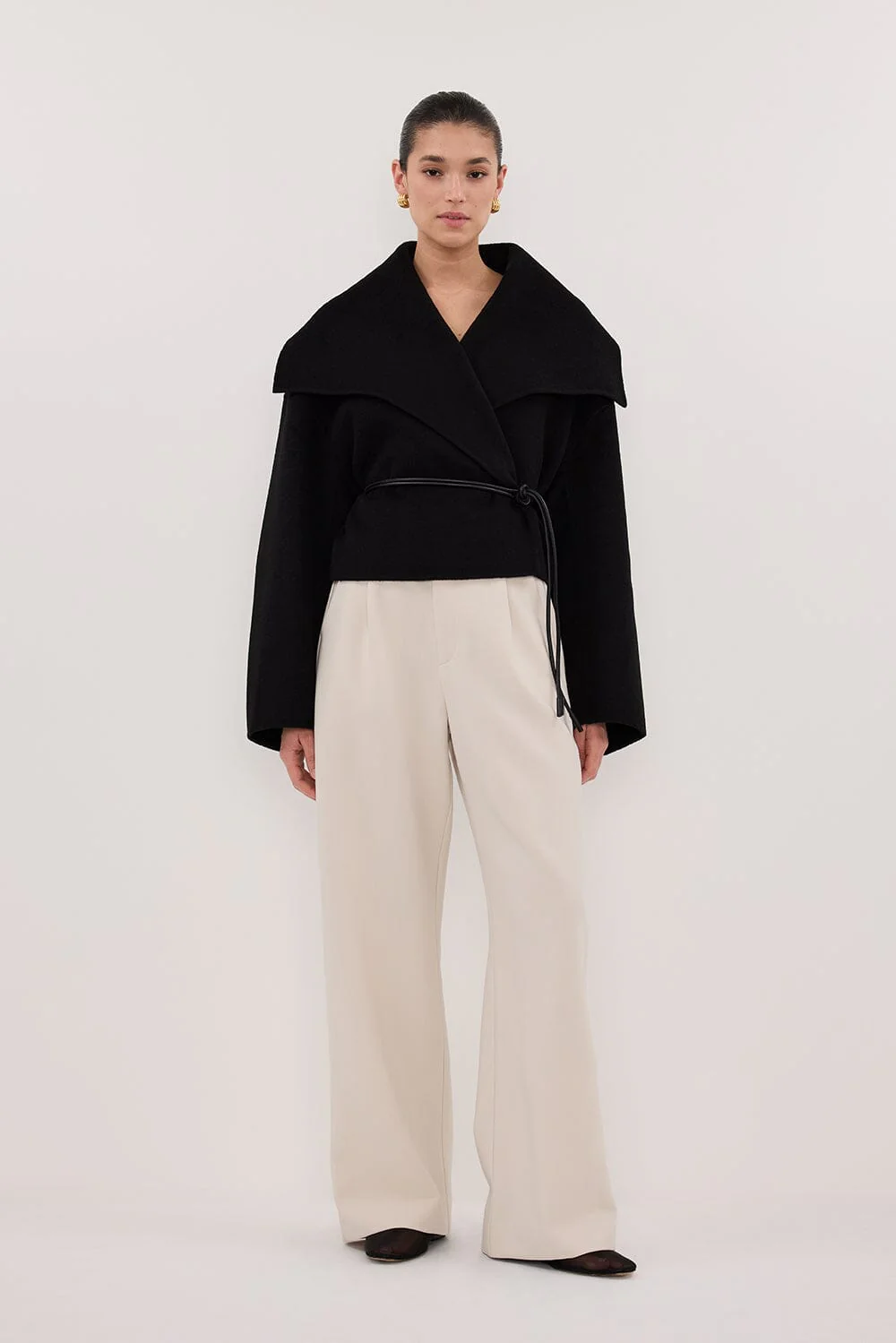 LUCIA BLACK CROPPED WOOL BLEND TRENCH COAT - Image 6