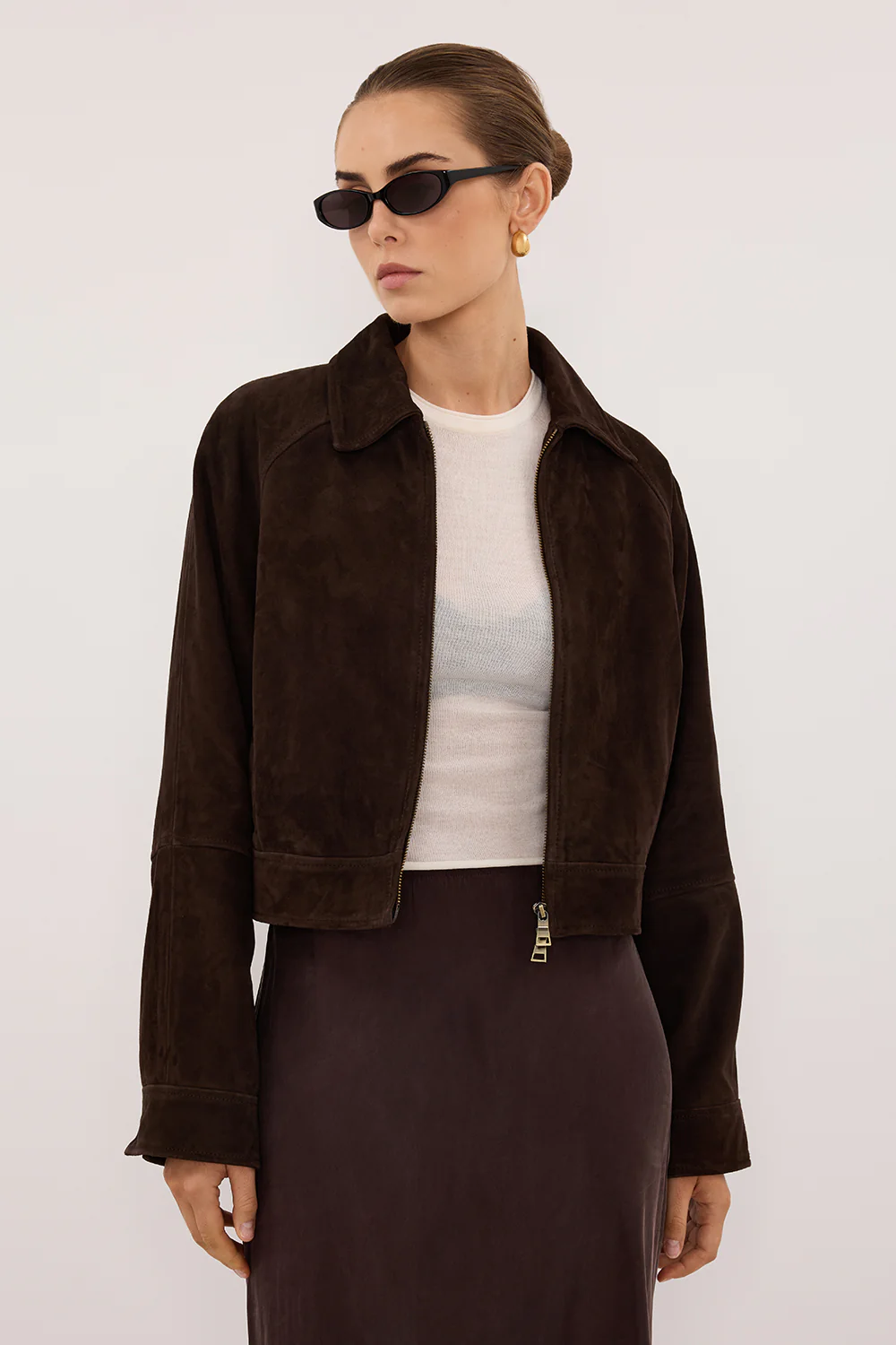 MAEVE BITTER CHOC SUEDE CROPPED JACKET - Image 2