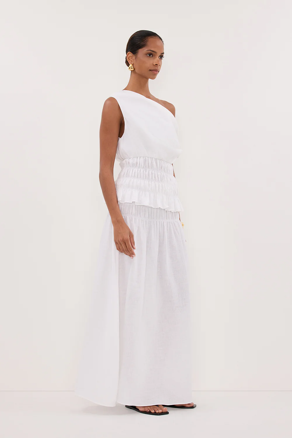 MAIA WHITE LINEN SHIRRED MIDI SKIRT - Image 3