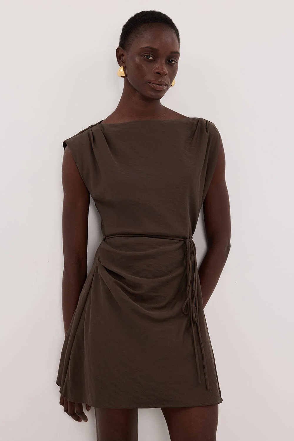 MARMO CHOCOLATE DRAPED MINI DRESS - Image 3