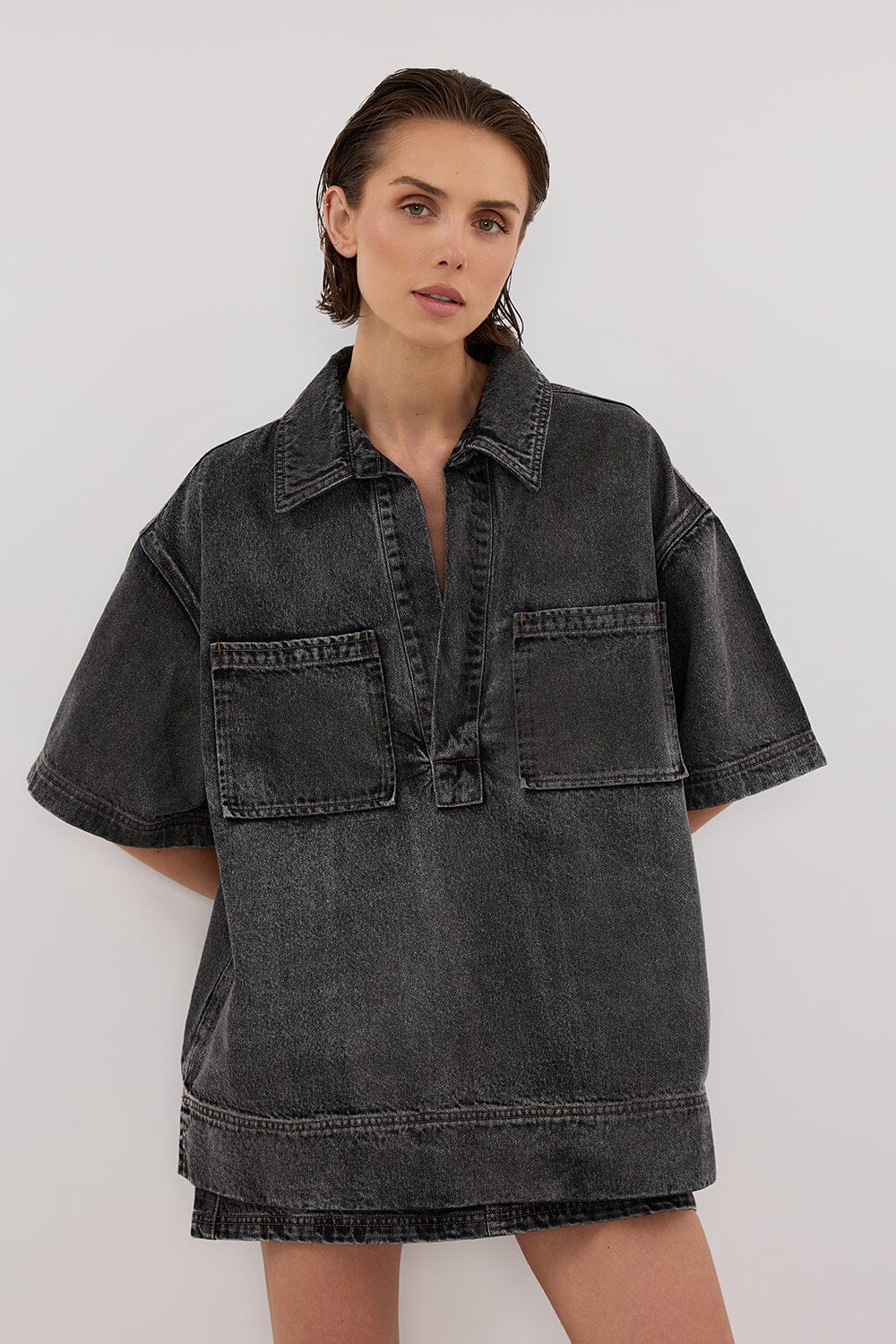 MASON WASHED BLACK BOXY DENIM SHIRT - Image 3