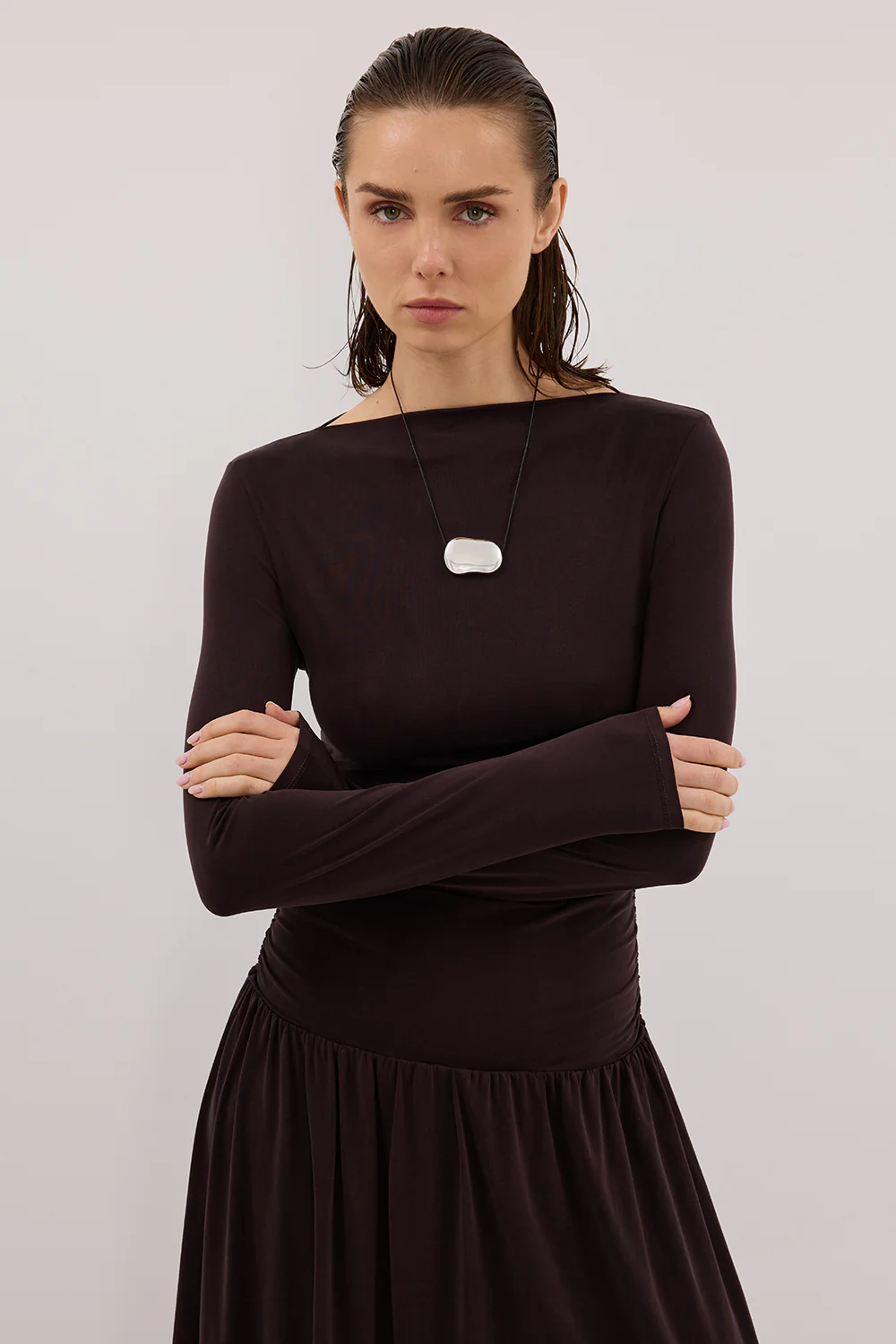 MEG BURNT CHOC LONG SLEEVE KNIT MIDI DRESS - Image 3