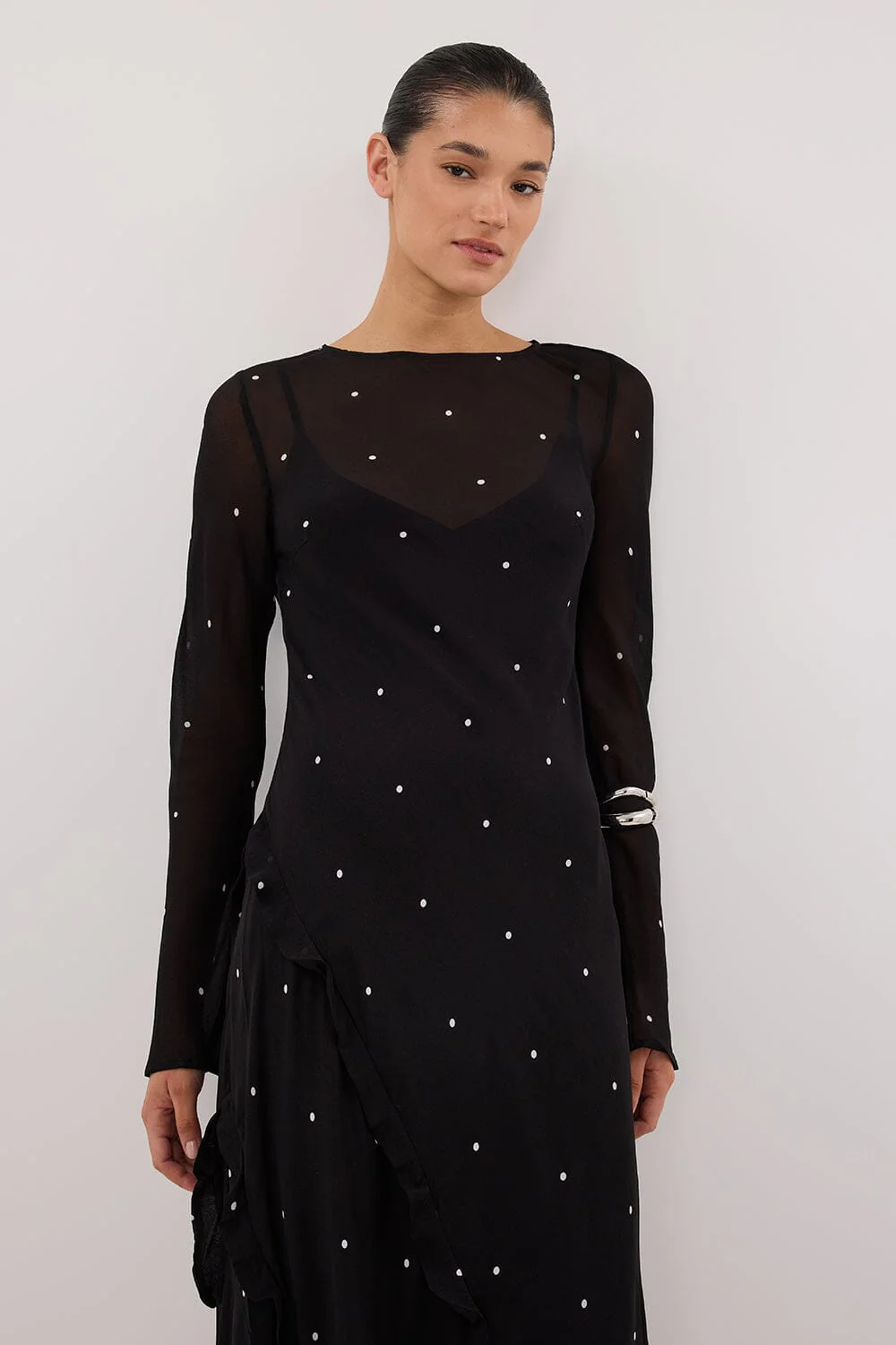 MELROSE BLACK SPOT LONG SLEEVE MAXI DRESS - Image 6