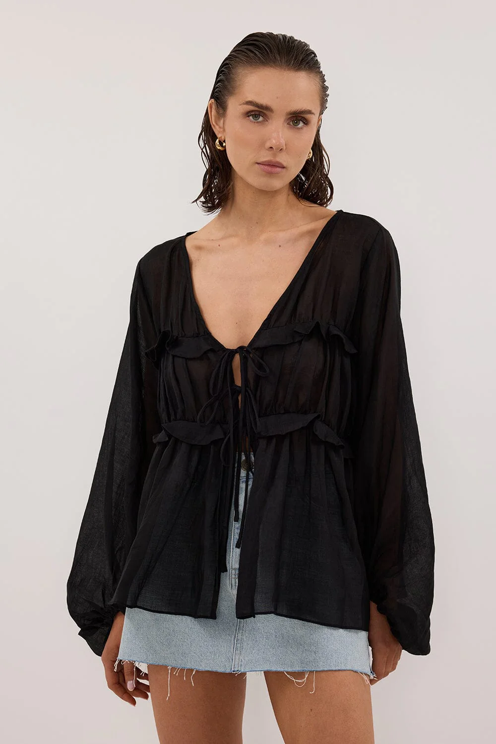 MILA BLACK RAMIE LONG SLEEVE FRILL TOP - Image 2
