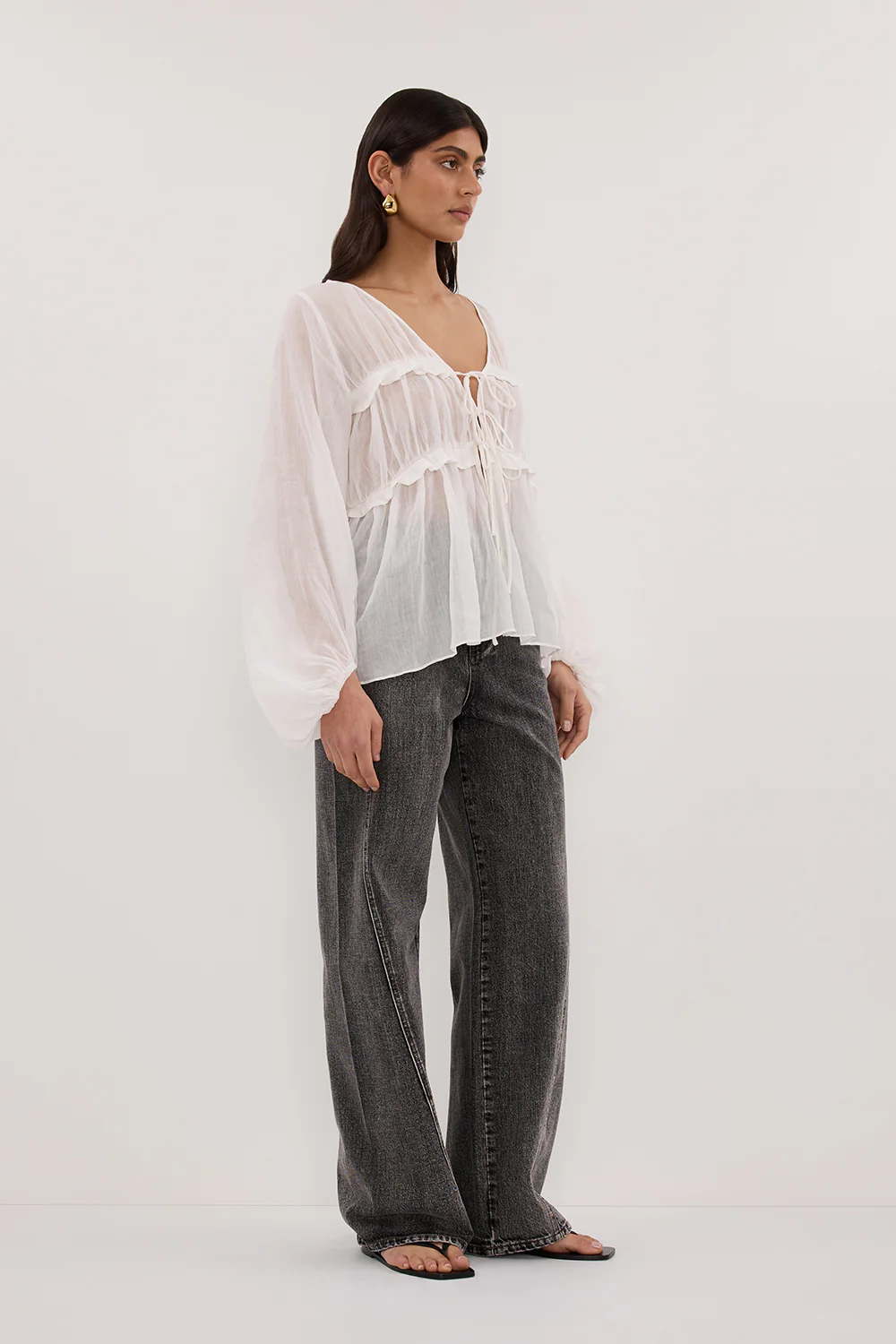 MILA WHITE RAMIE LONG SLEEVE FRILL TOP - Image 3