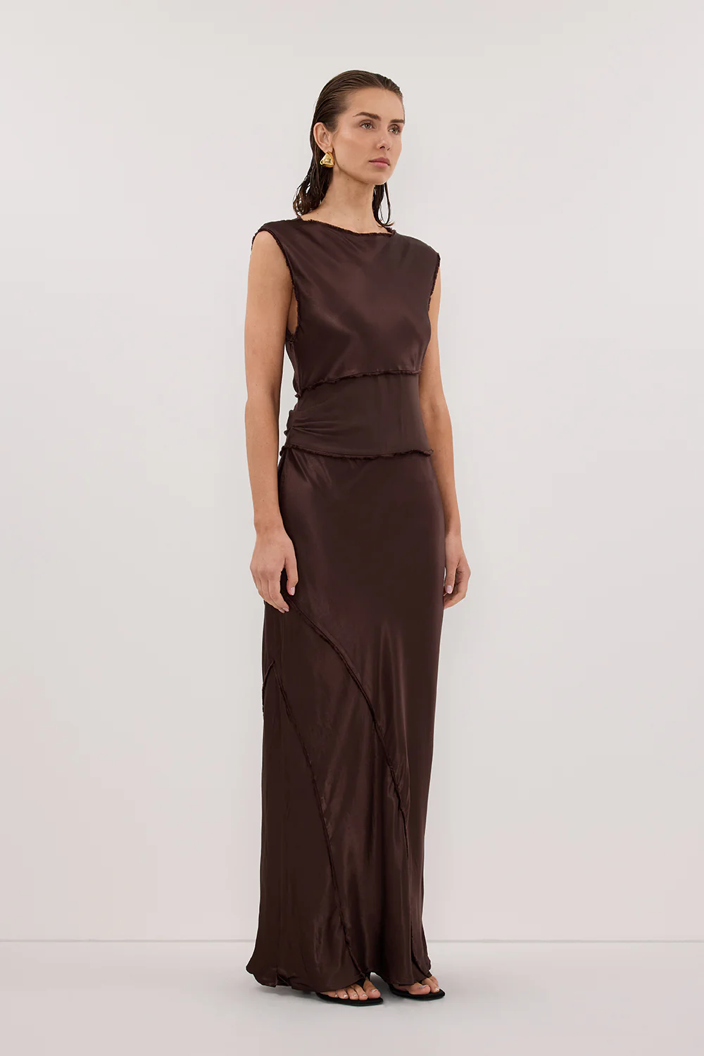 MONICA BITTER CHOCOLATE SATIN MIDI DRESS - Image 3