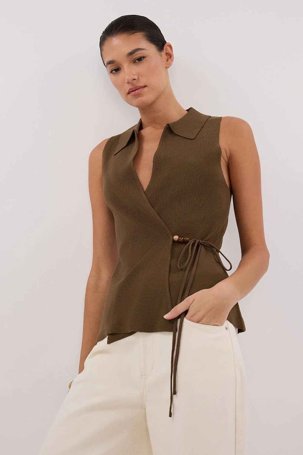 PAULA OLIVE WRAP KNIT TOP - Image 2