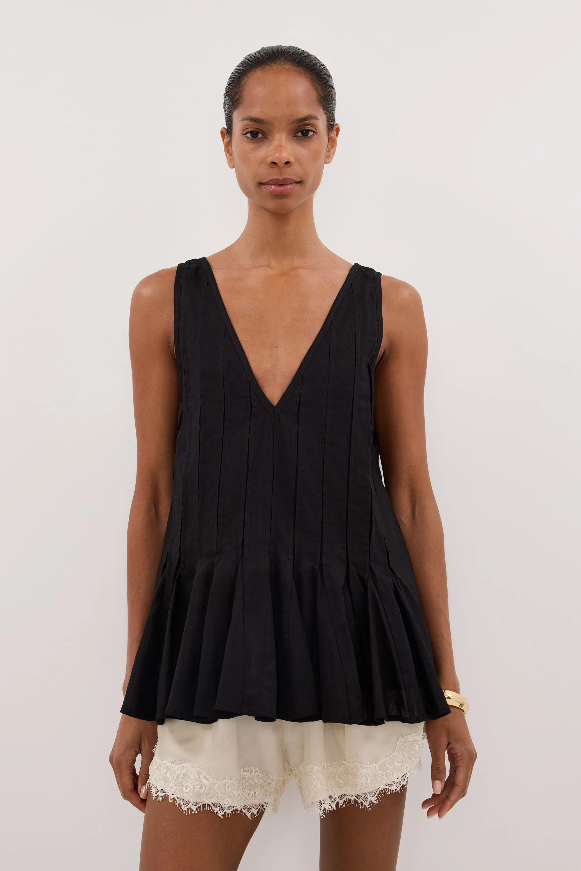 PIXIE BLACK LINEN GODET TOP - Image 2
