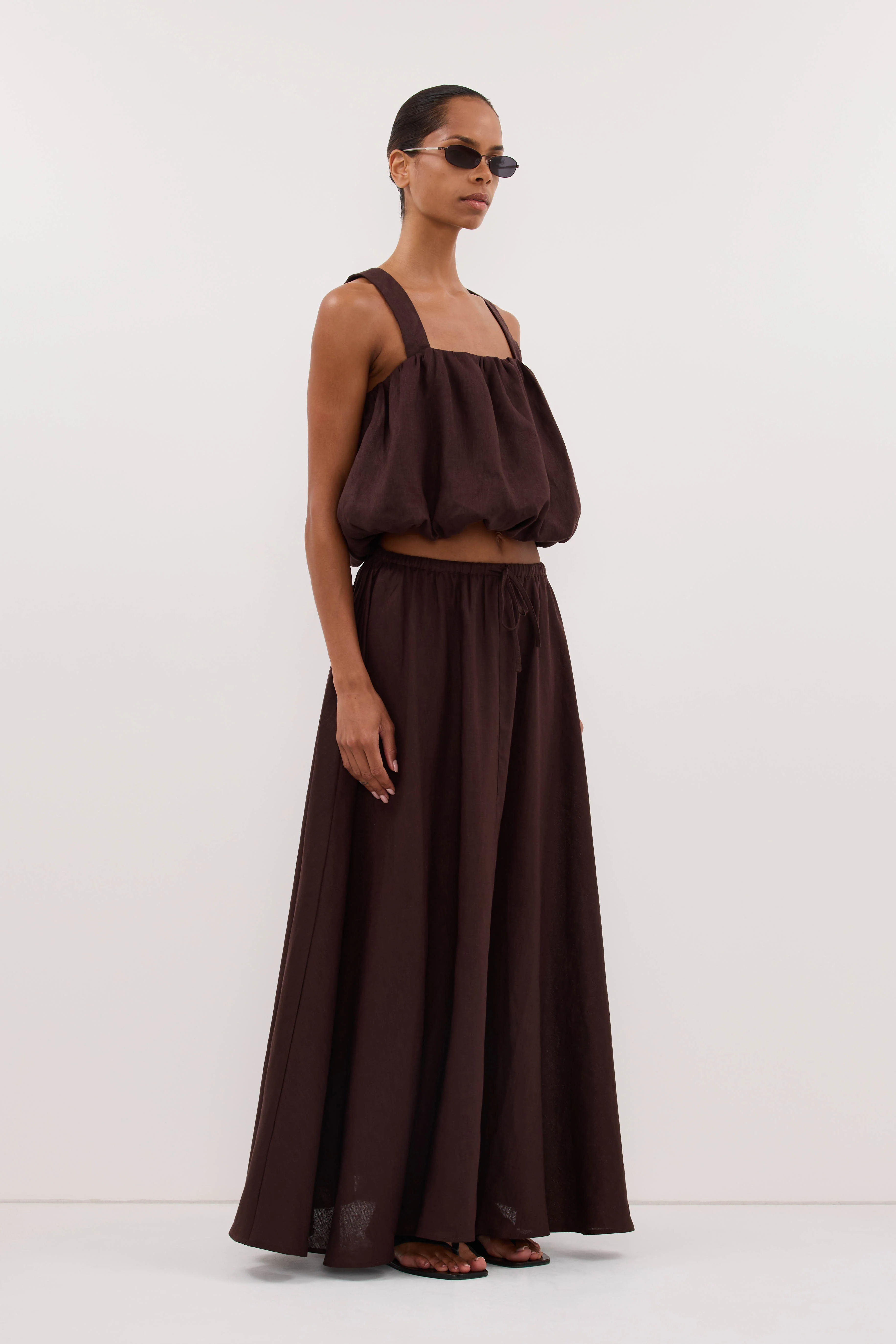 RAVELLO BURNT CHOC LINEN MIDI SKIRT - Image 3