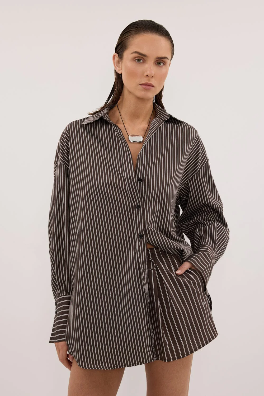 SABLE OVERSIZED BITTER CHOC SILK BLEND SHIRT - Image 3