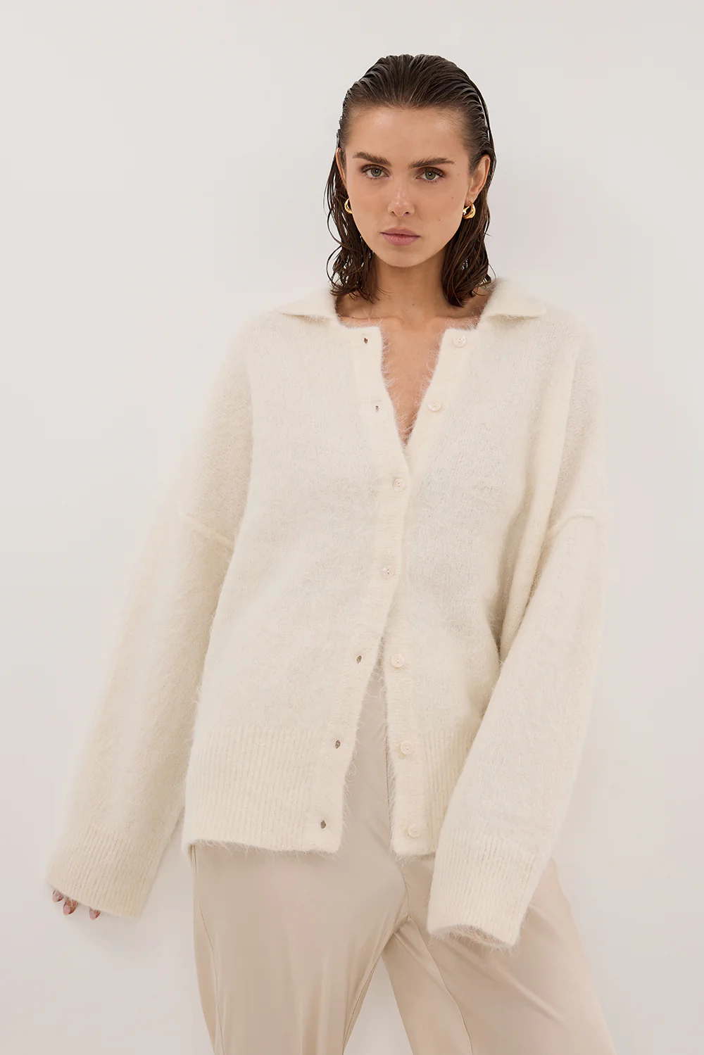 SALMA IVORY POLO NECK KNIT CARDIGAN - Image 2