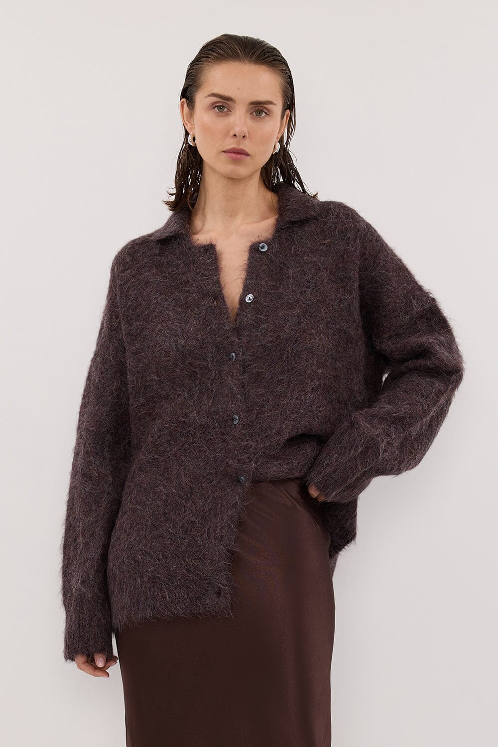 SALMA WINE POLO NECK KNIT CARDIGAN - Image 2