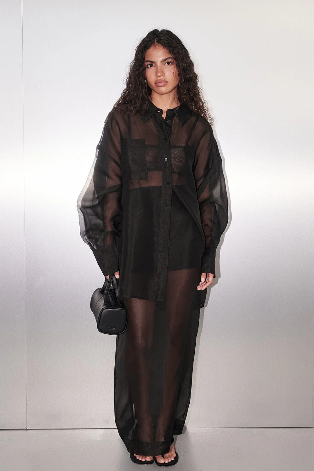 SIAN BLACK SILK ORGANZA MIDI SKIRT - Image 2