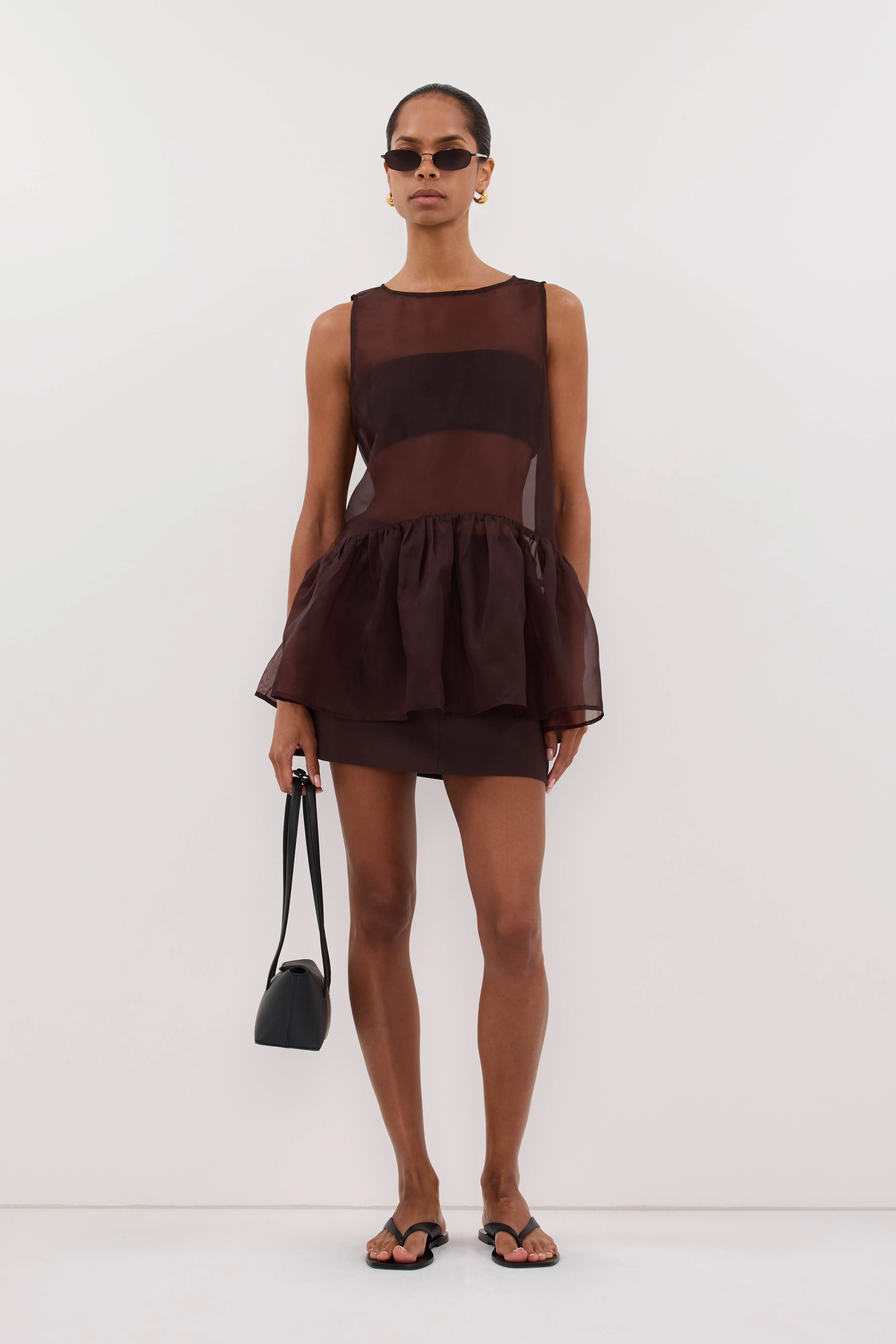 SIAN DARK CHOC SILK ORGANZA DROP WAIST TOP - Image 3
