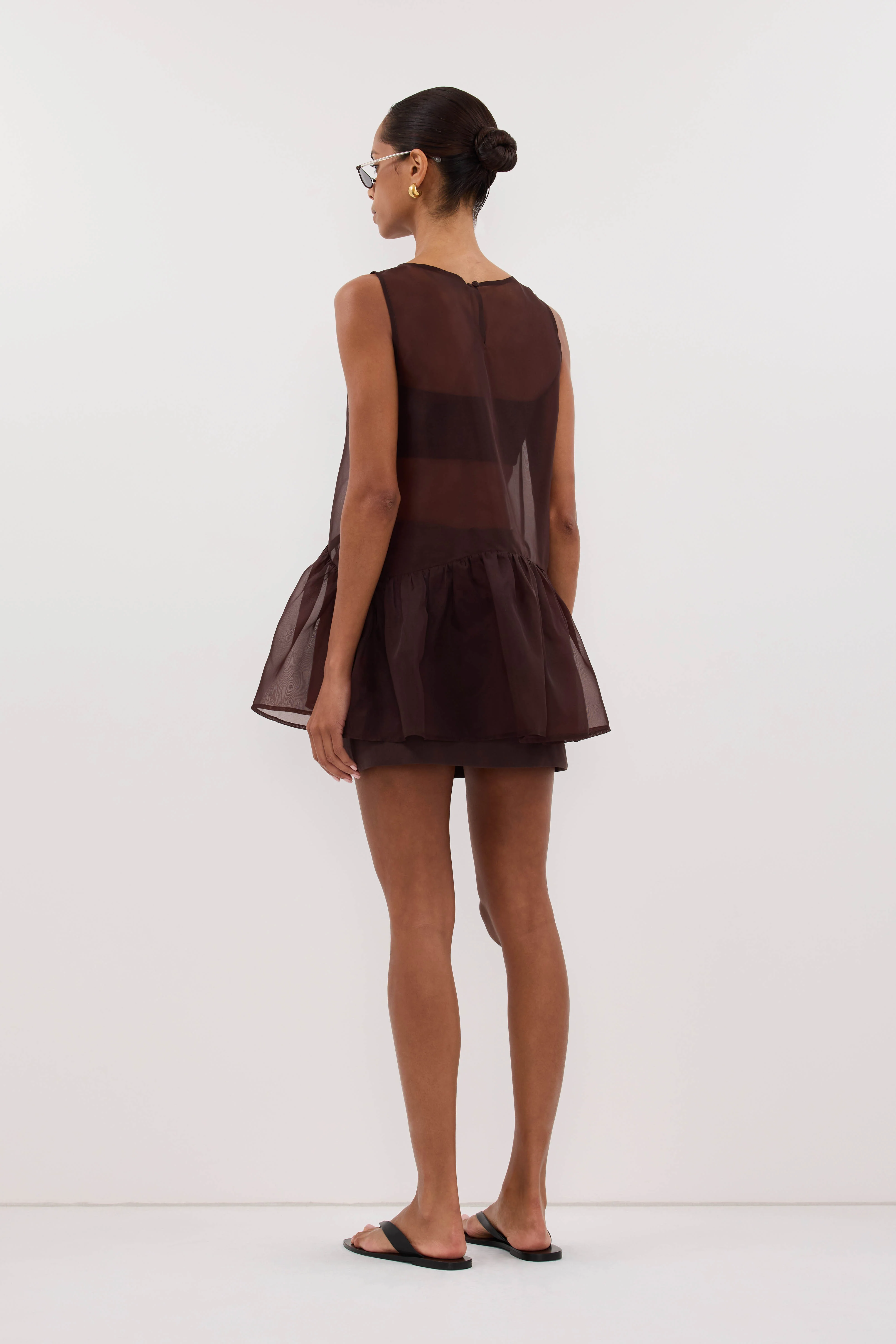SIAN DARK CHOC SILK ORGANZA DROP WAIST TOP - Image 5
