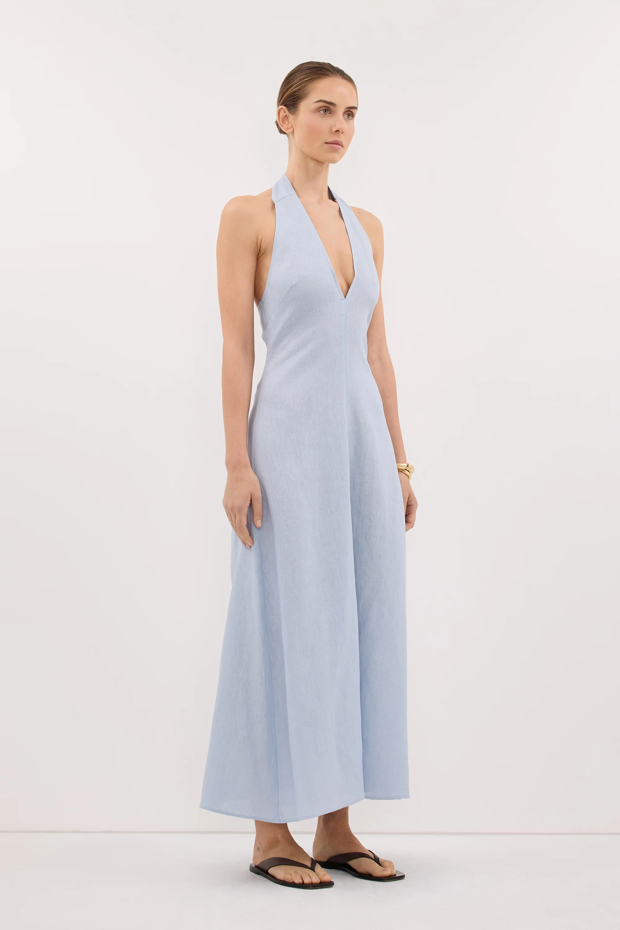 SKY DUSTY BLUE LINEN MIDI DRESS - Image 3
