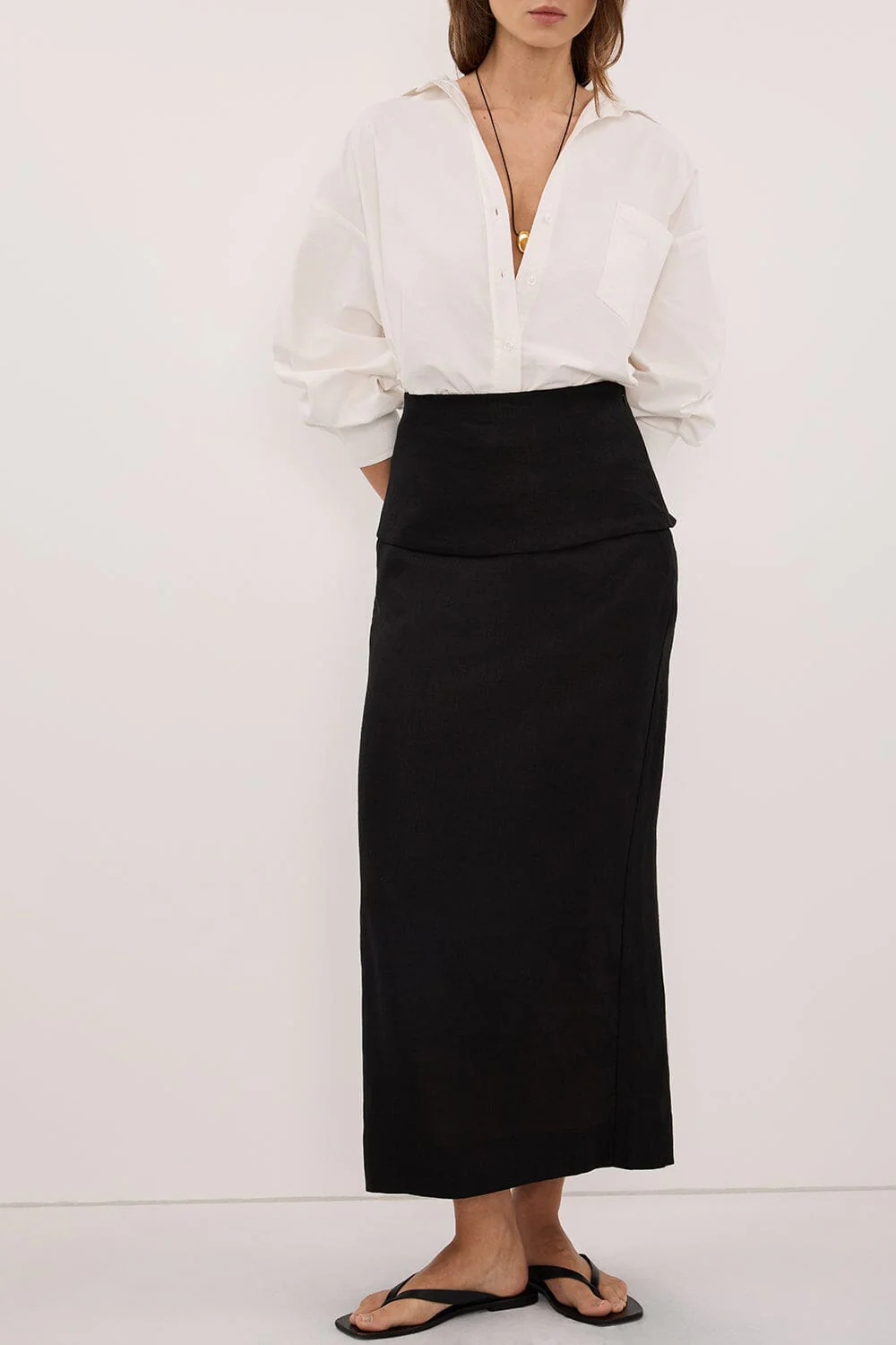 YARA BLACK LINEN FOLDOVER MIDI SKIRT - Image 2